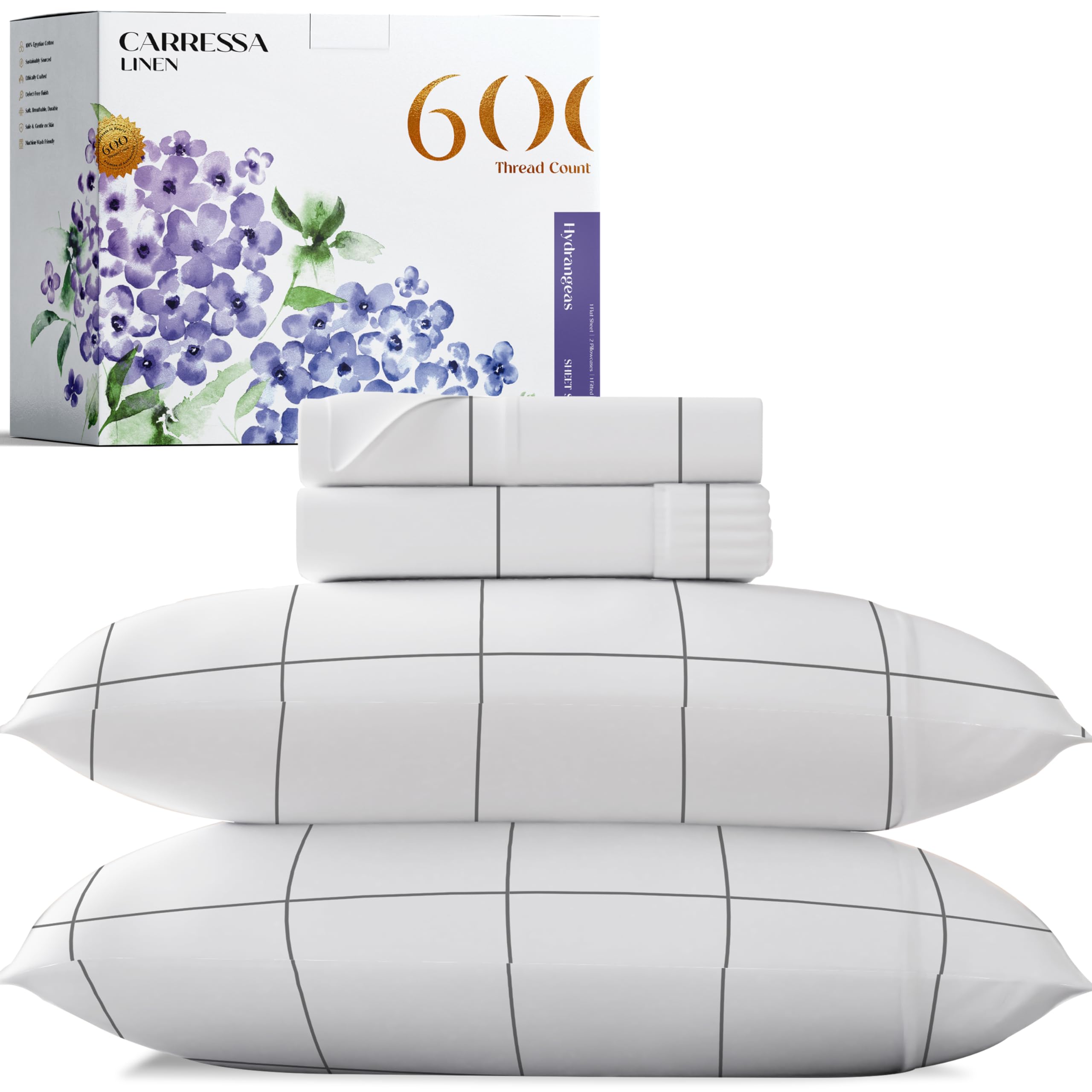 Carressa Linen Luxury Egyptian Cotton Queen Printed Sheet Set - 600 Thread Count Extra Long Staple 4 Pc Set, Window Pane Queen P