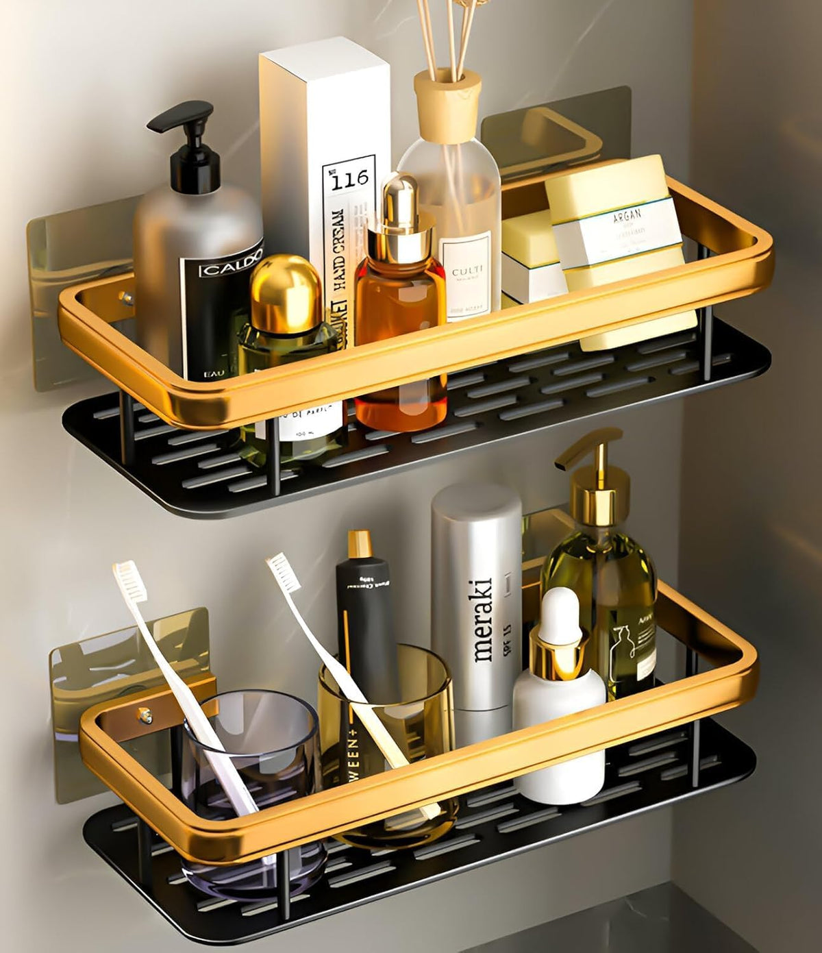 Uttarzone Adhesive Bathroom Shelf For Wall, Multipurpose Wall Mounted Bathroom And Kitchen Organiser Without Drill (Gold Black (