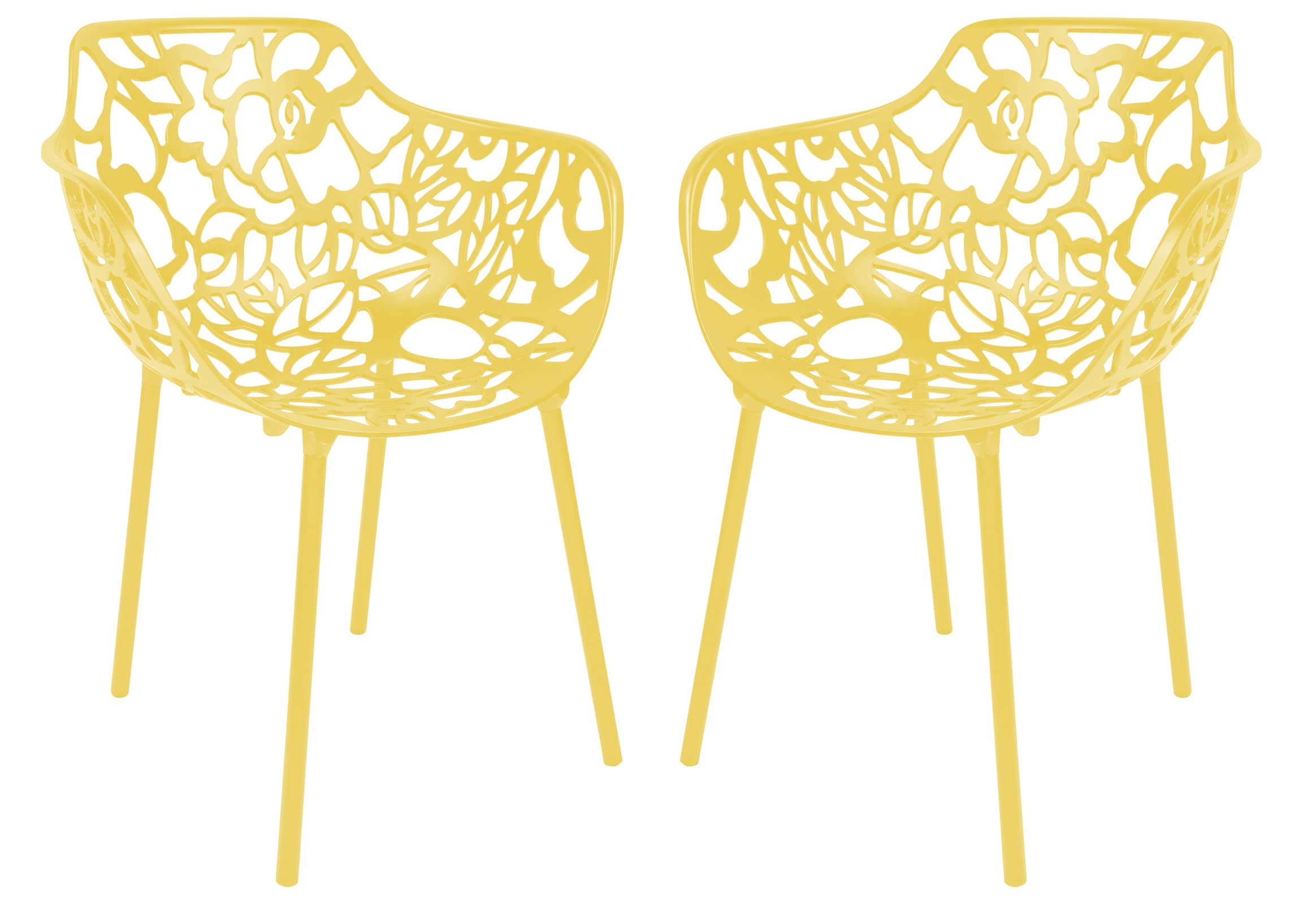 LeisureMod Devon Modern Aluminum Dining Armchair Set of 2, Yellow, Stackable Patio Dining Armchair for Indoor-Outdoor Use