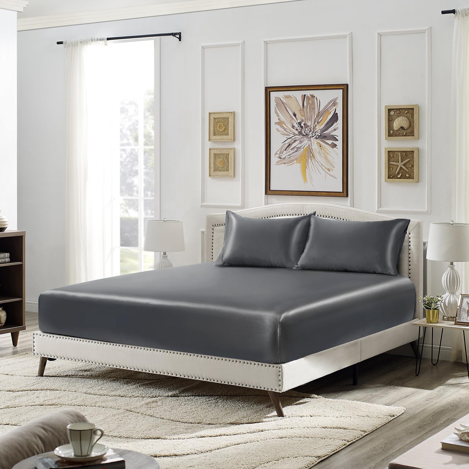 Siinvdabzx 3-Piece Set Satin Twin Xl Fitted Sheet & 2 Pillowcase, Grey Silky Soft Fitted Bottom Sheet Twin Extra Long Bed Sheets