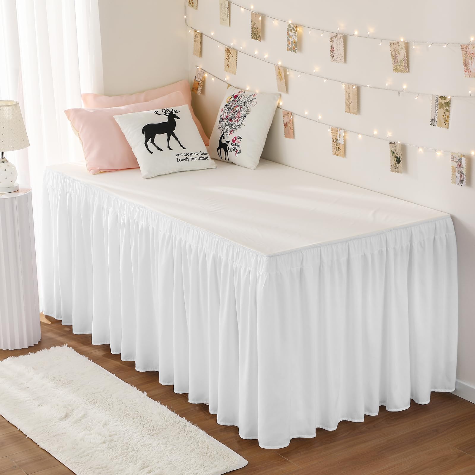 Rimela Dorm Bed Skirt Twin Xl 46 Inch Drop, Extra Long Wrap Around Elastic Bed Skirts Easy To Put On Twin Size Dust Ruffle, Whit
