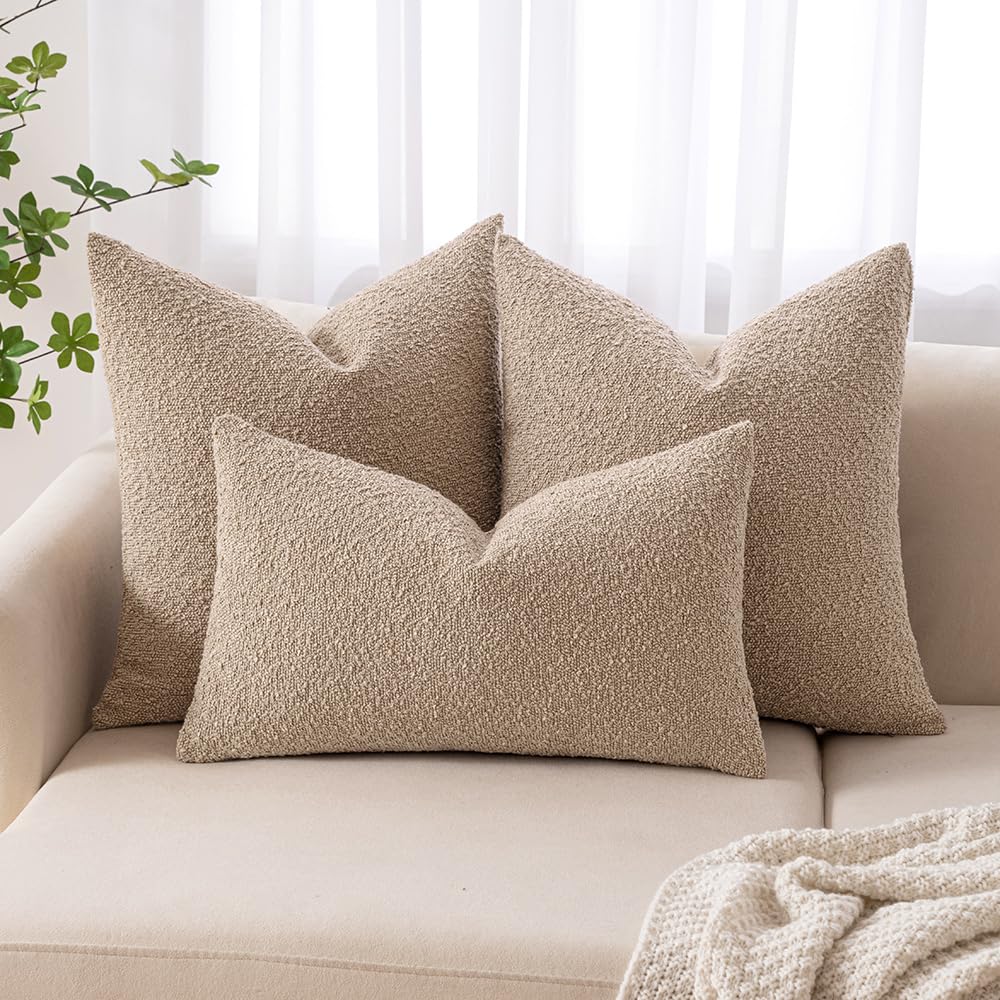 Miulee 18X18 Inch Decorative Pillow Covers For Couch Bed Set Of 2 Textured Boucle Neutral Throw Pillows Khaki Accent Solid Cushion Pillowcase Cozy Soft Chair Sofa Livingroom Home Decor