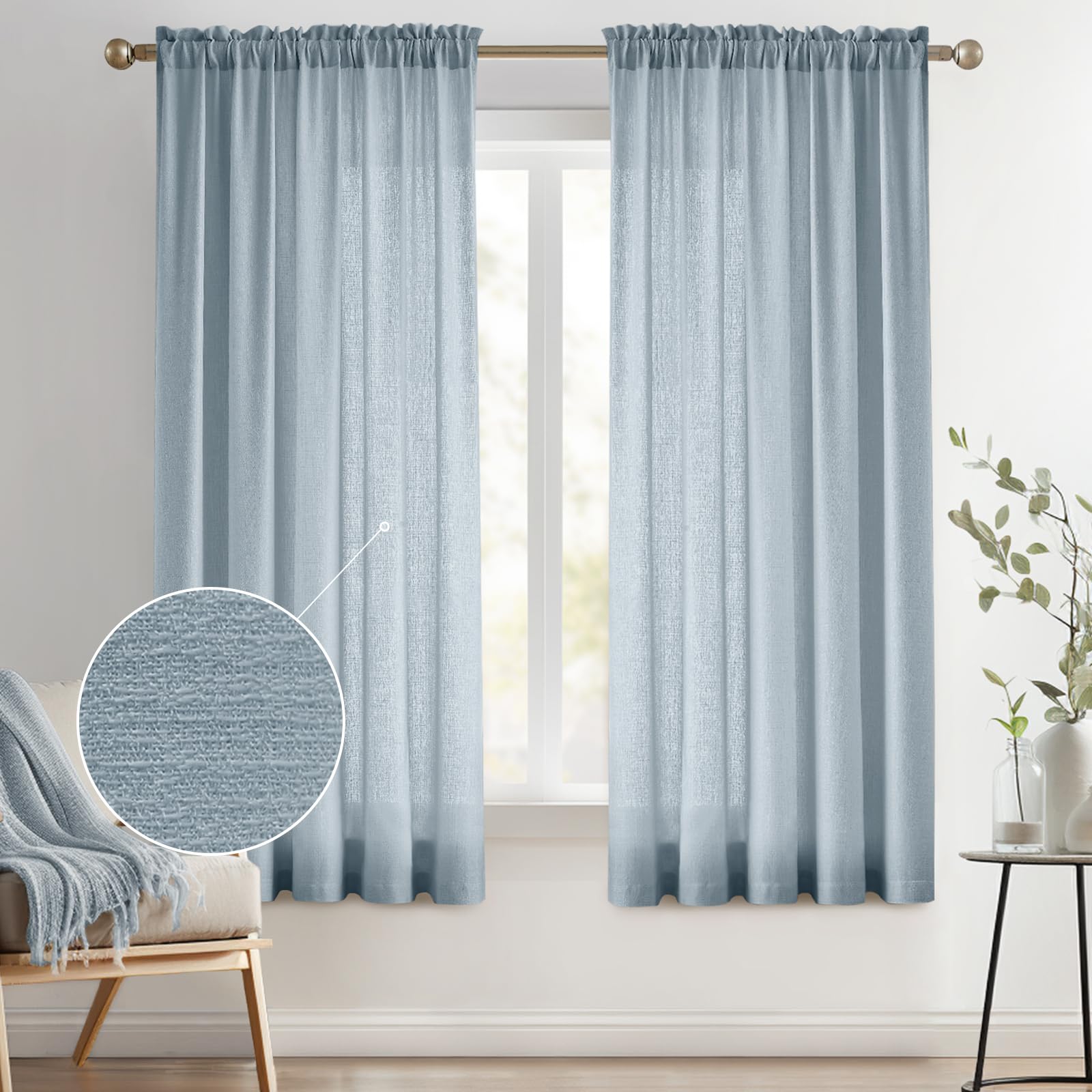 Melodieux Dusty Blue Semi Sheer Curtains 72 Inches Long for Bedroom, Living Room Linen Look Privacy Window Rod Pocket Sheer Drap