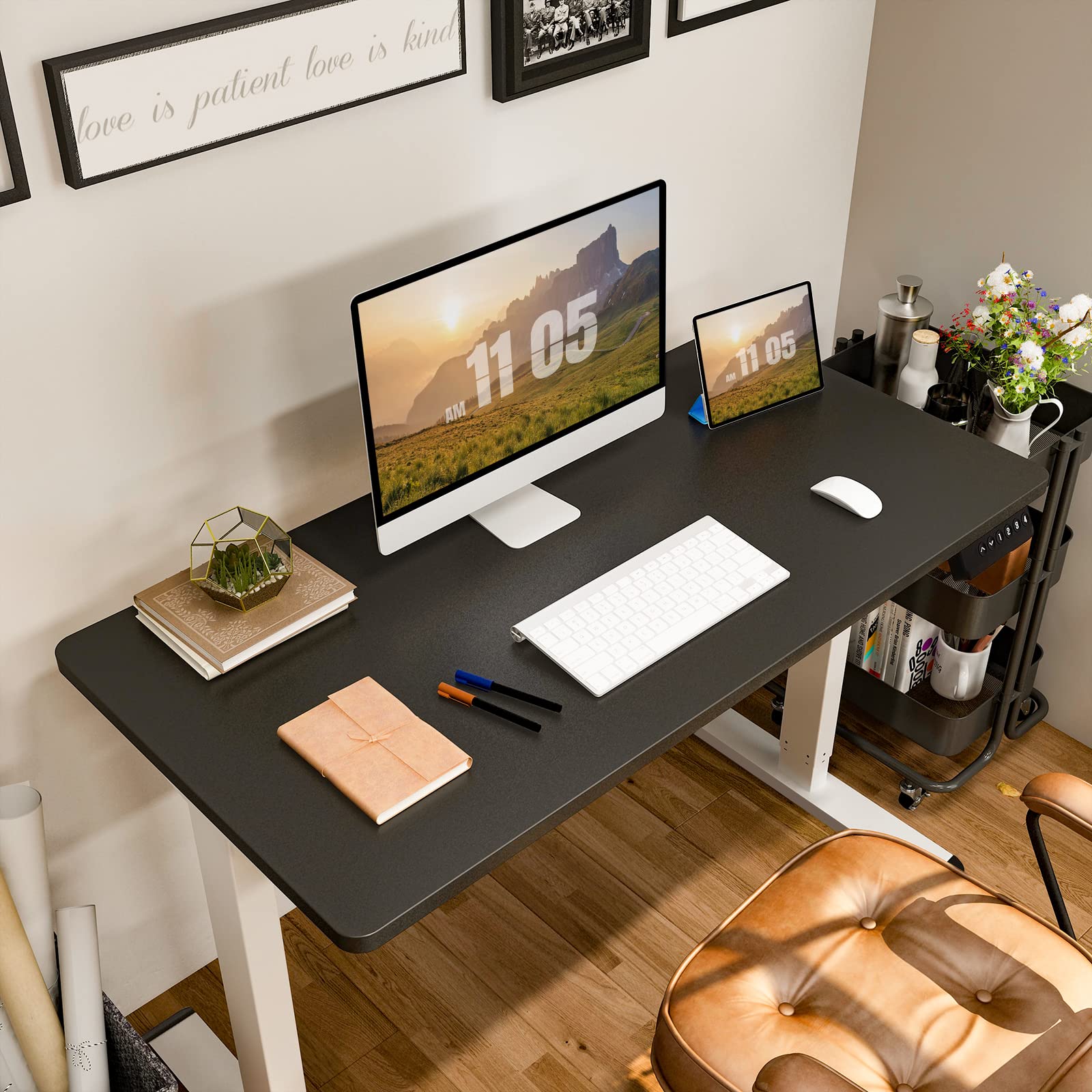 Flexispot En1 Electric Stand Up Desk Workstation 48 X 24 Inches Whole-Piece Desktop Ergonomic Memory Controller Height Adjustable Standing Desk(White Frame + 48' Black Desktop, 2 Packages)