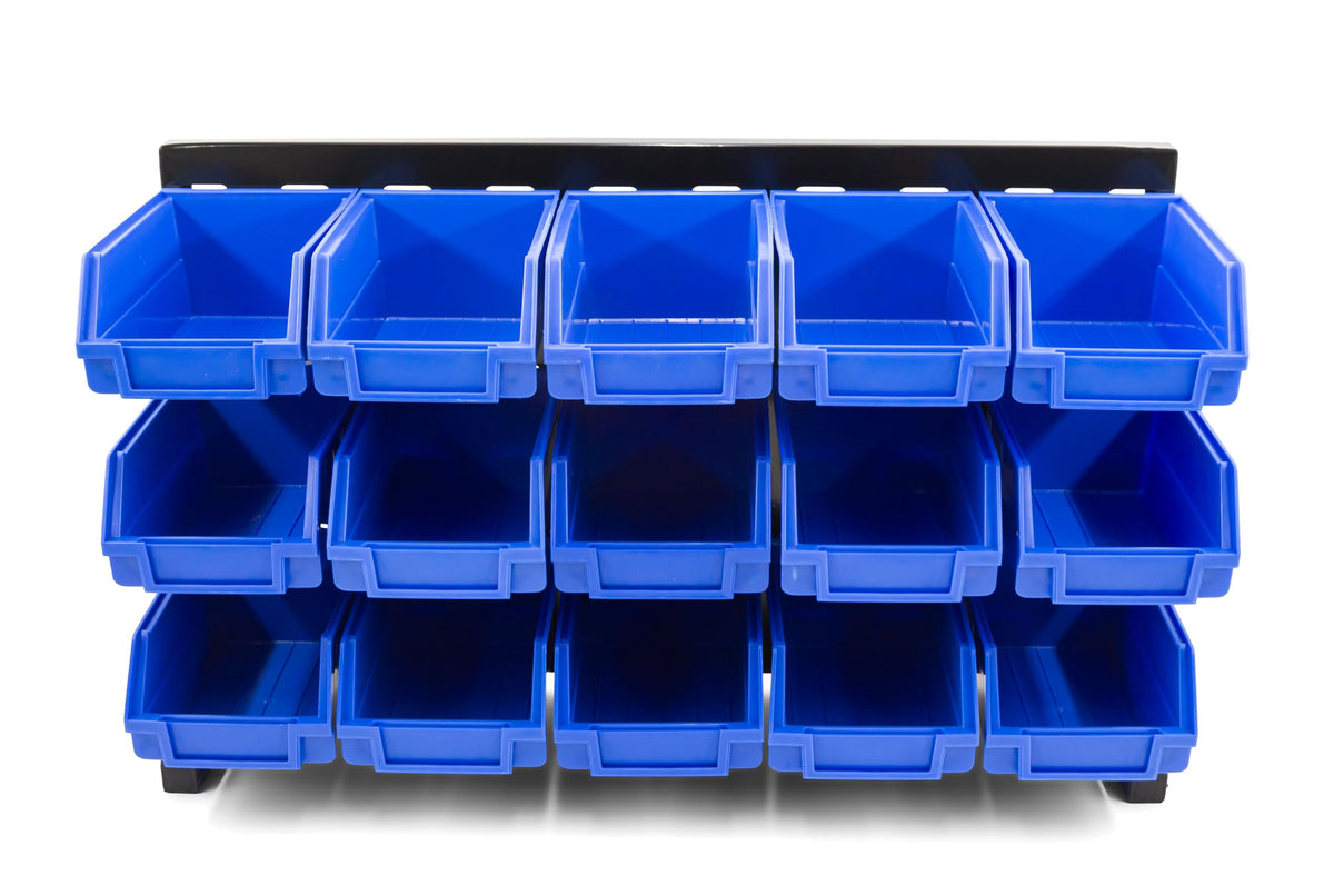 DJC Supply Heavy Duty Storage Bin Set & Steel Panel for Hanging Bin, Bench Mountable Steel Rolled Panel, 15 Bins included, Great