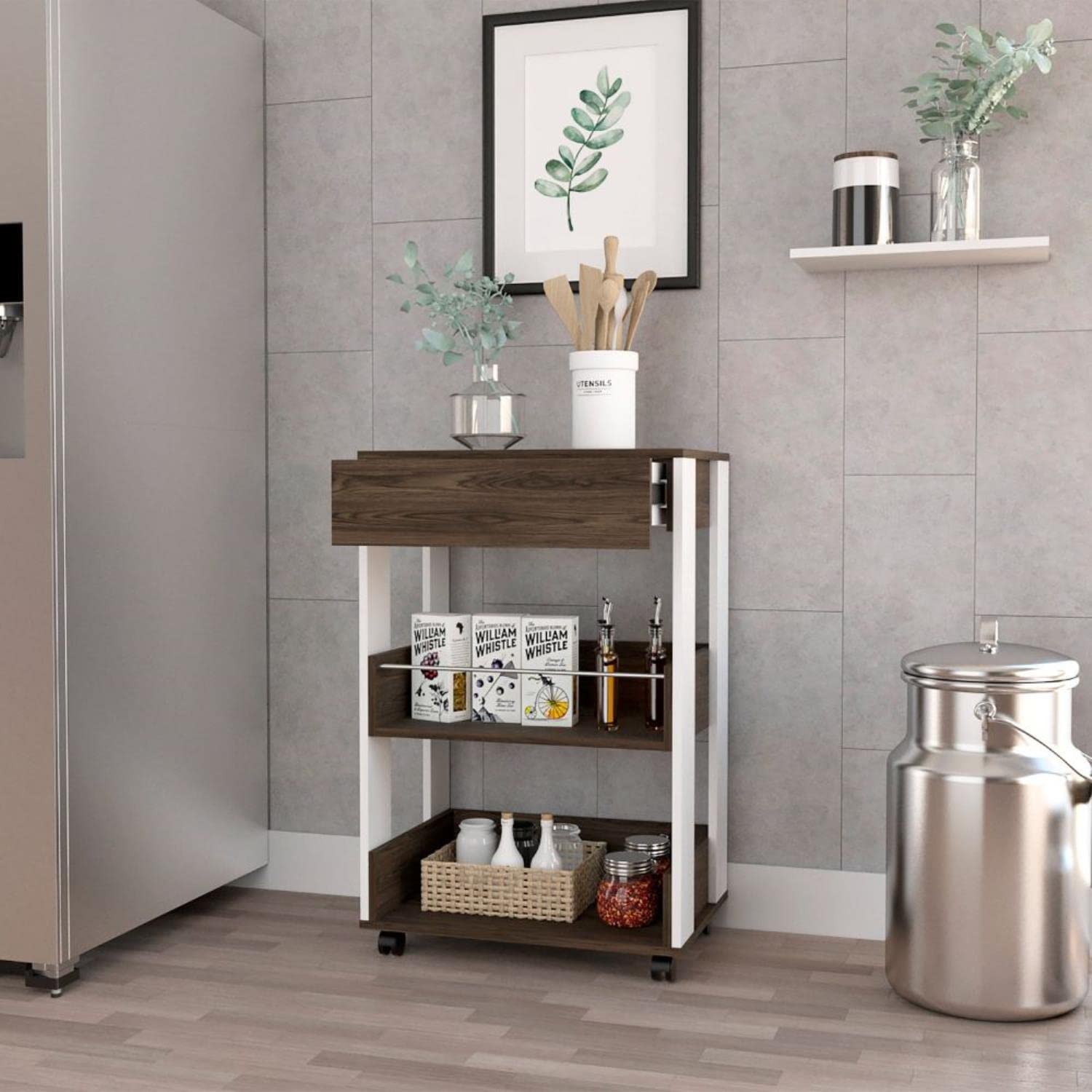 Modern Kitchen Cart 35" H, 4 Casters, 3 Shelves, White/Dark Walnut
