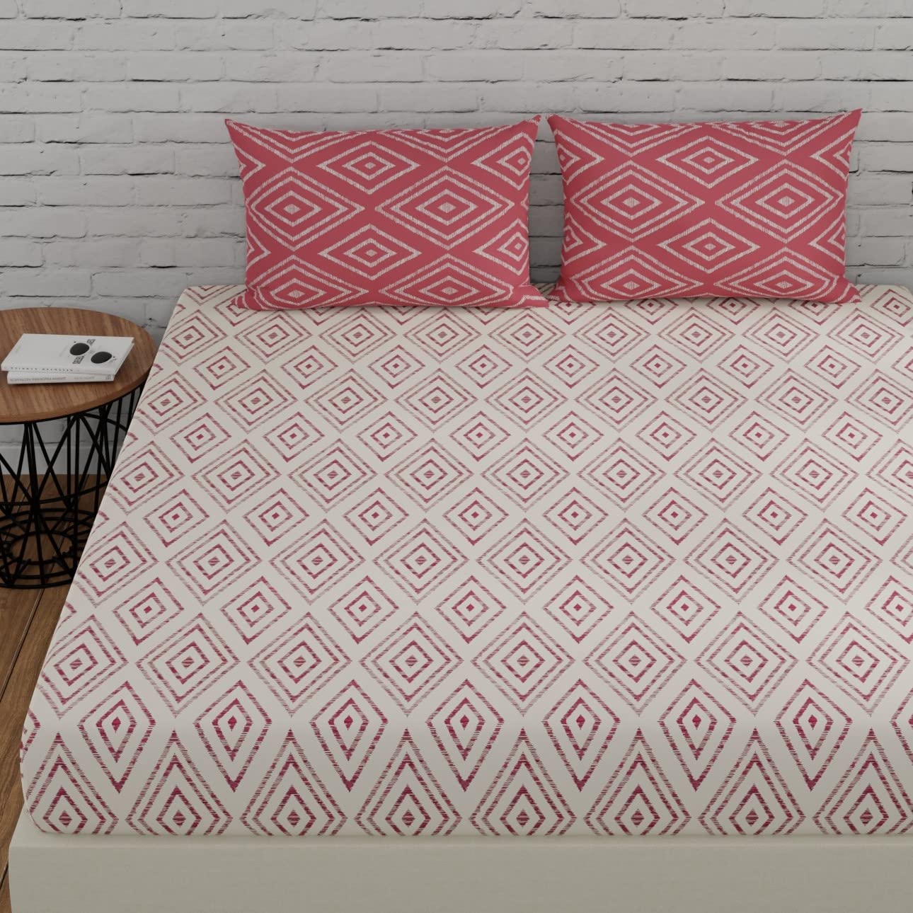 Huesland By Ahmedabad Cotton 144 Tc Fitted Sheet Double Bed Cotton With 2 Pillow Covers | 60X78 Inches | White & Peach Pink