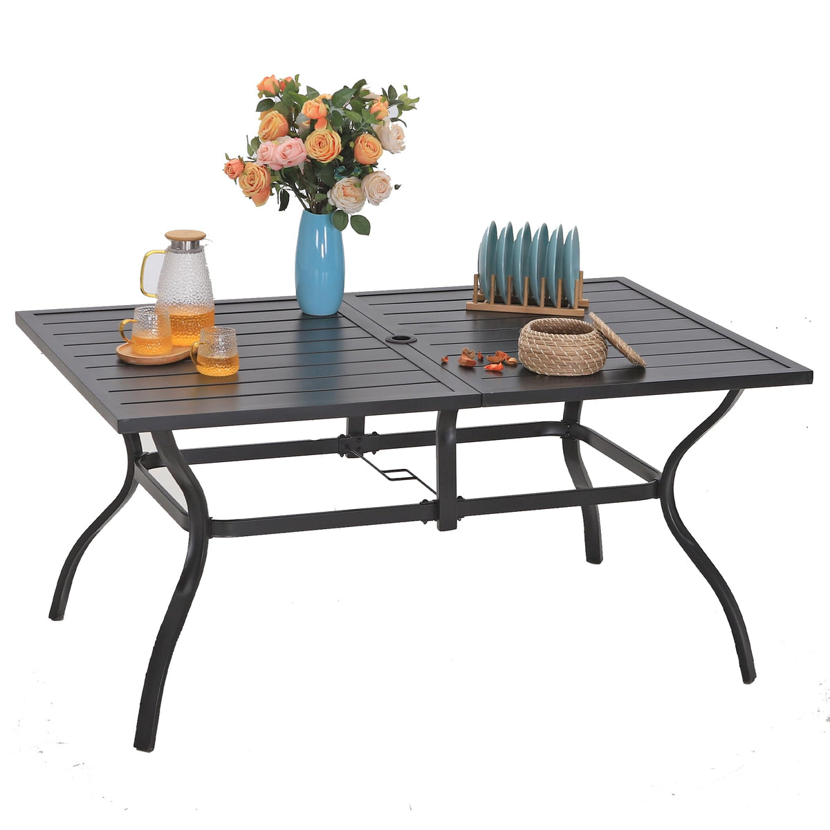 Sophia & William Outdoor Patio Table For 6 People, Rectangular Metal Patio Outdoor Dining Table, Black Steel Slatted Weather-Resistant Table With 2' Adjustable Umbrella Hole, L60 * W38 * H28