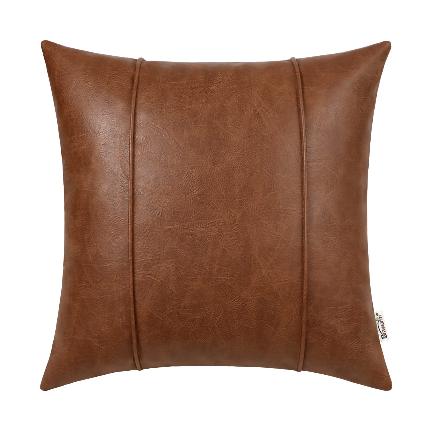 Brawarm Brown Leather Throw Pillow Covers 16 X 16 Inches - Faux Leather Pillow Cover With Piping, Hand Stitched Leather Throw Pi