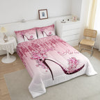 Woman Pink Bedding Set King Size,Flowers Butterfly High Heels Comforter Set For Kids Girls Home Decor,Fantasy Glitter Quilt Set Romantic Paris Duvet Insert,2 Pillowcases,Valentine Day Gifts