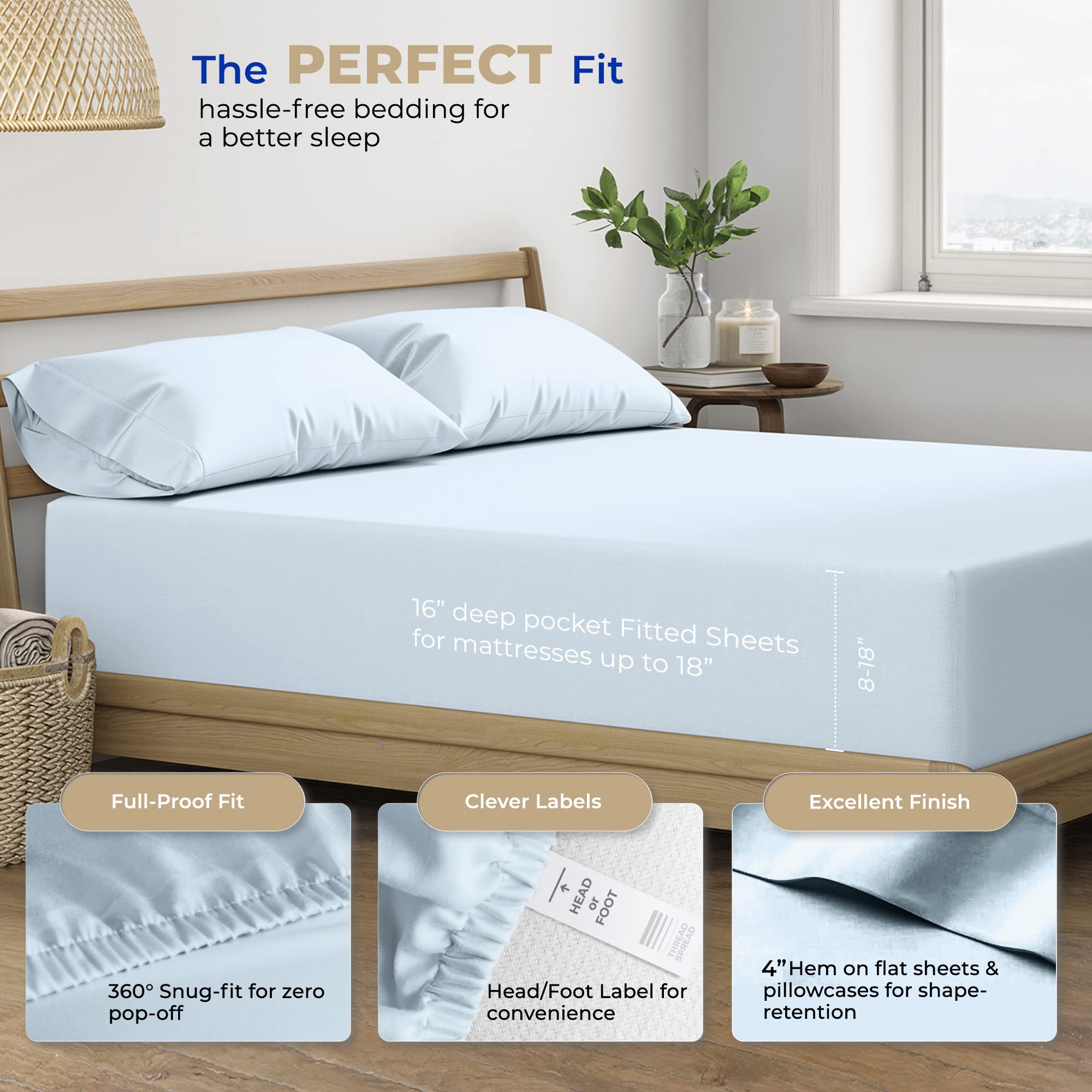Thread Spread Cotton Full Size Sheet Sets - 400 Thread Count 4 Pc 100% Cotton Bed Sheets, 16?Deep Pocket Full Size Sheets Cotton, Extra Soft, Cooling Full Sheet Set, Luxury Hotel Sheets (Light Blue)