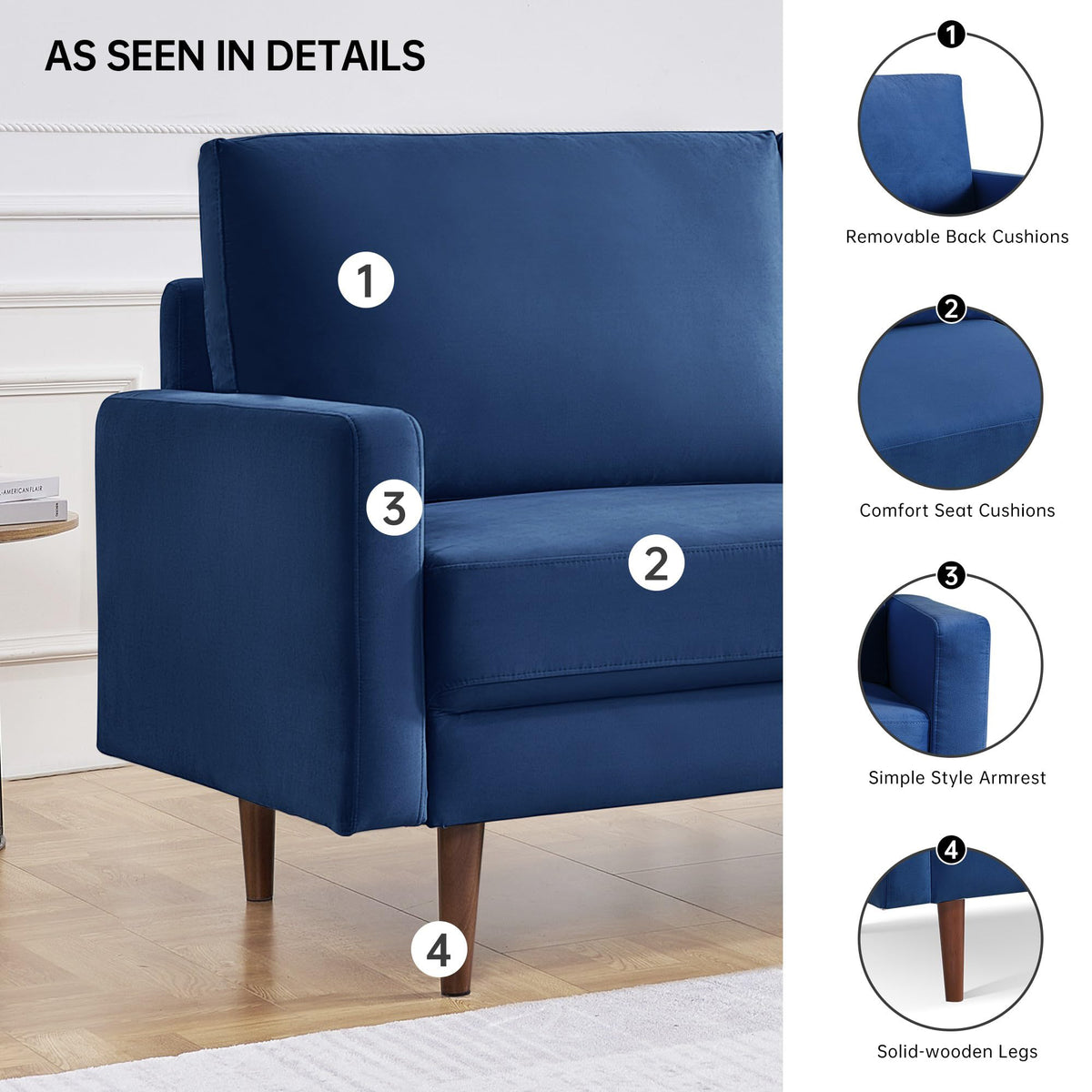American Furniture Classics Blue 69 Inch Wide Upholstered Two Cushion Sofa with Square Arms Velvet, 69" x 32" x 37"