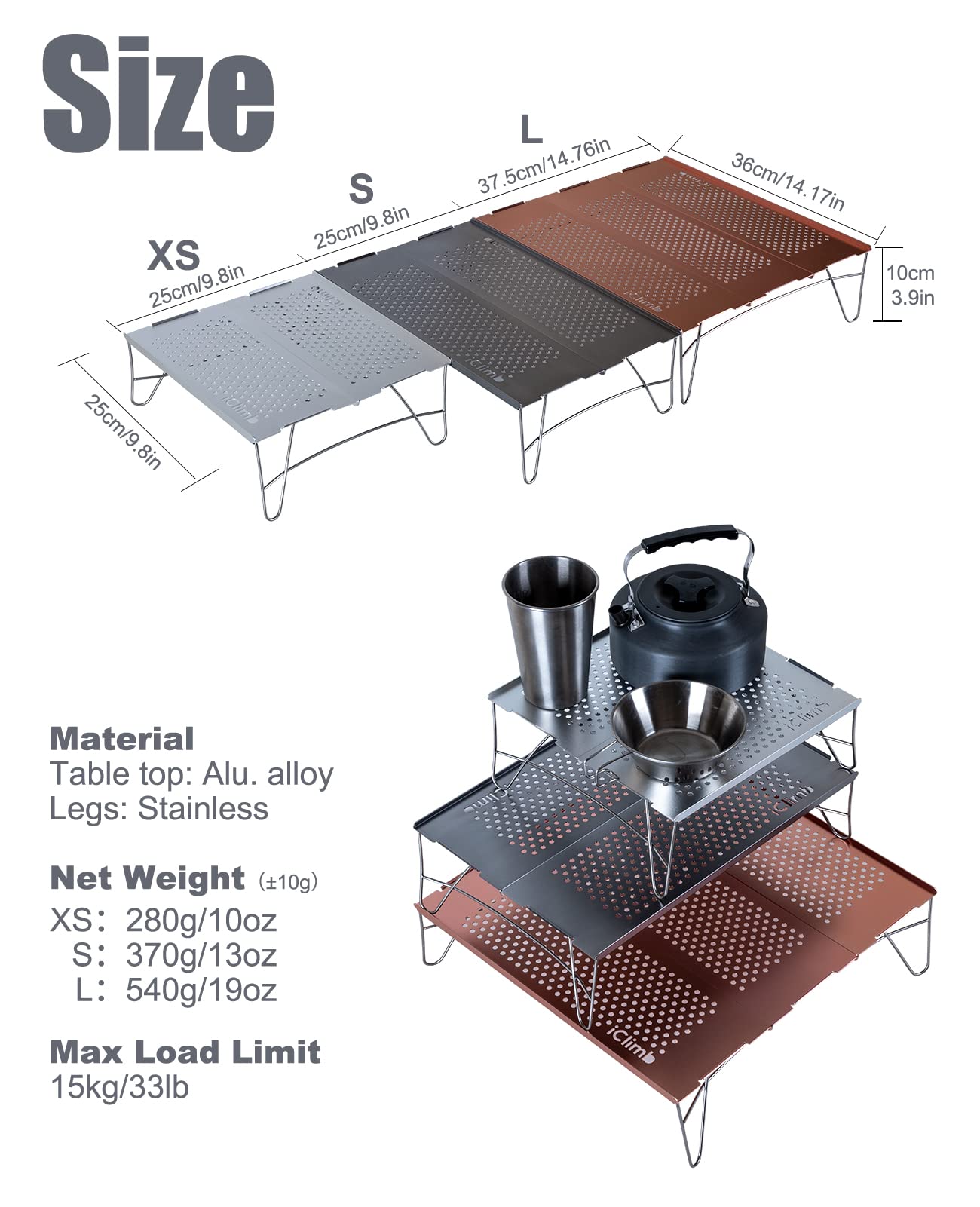 iClimb Mini Folding Camping Table Aluminum Silver