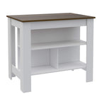 Kitchen Island, Kitchen Table 35" H, 4 Legs, 3 Open Storage Shelves, White/Walnut