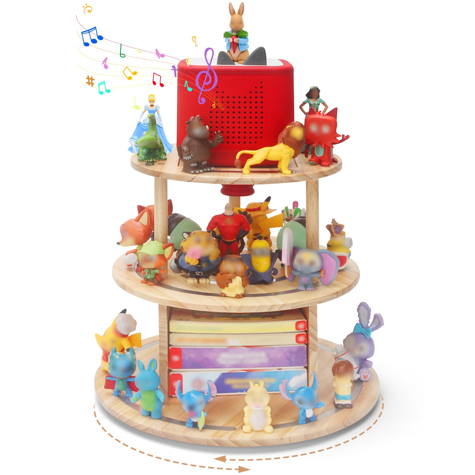 RZYLKA 360 Rotating Storage Shelf for Toniebox1/2, 3-Tier Organizer Holder for 30~40 Tonies Figures, Wooden Magnetic Stand Displ
