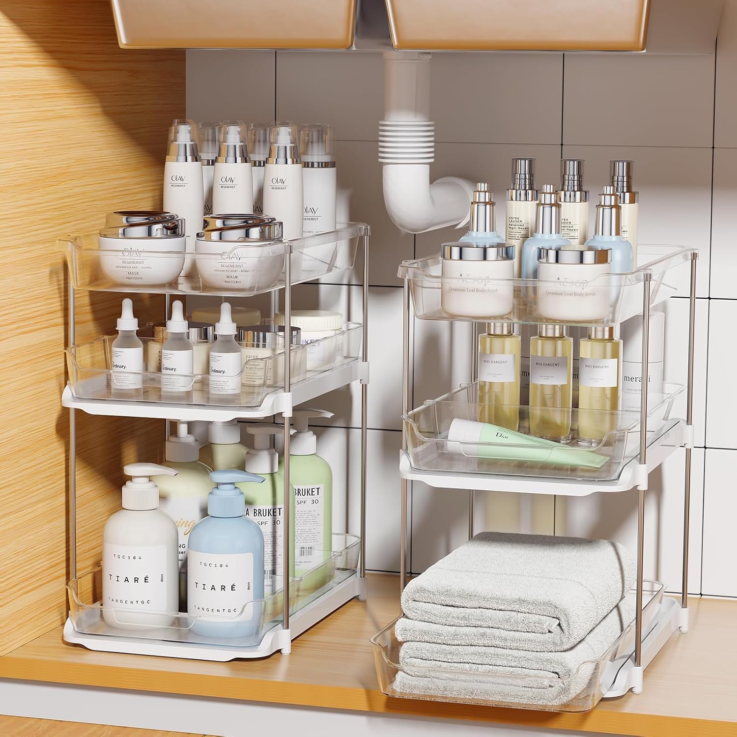 Ucravo 3Tier Clear Under Sink Organizers And Storage, MultiPurpose Stackable Bathroom Cabinet Organizers, Pull Out Kitchen Pan
