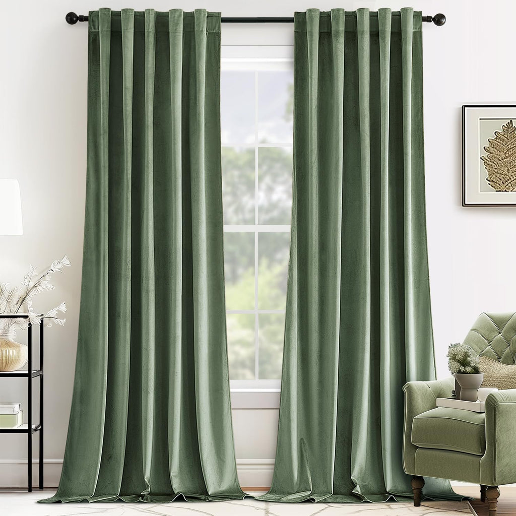 Miulee Sage Green Velvet Curtains 84 Inches - Luxury Blackout Curtains For Bedroom Living Room Thermal Insulated Super Soft Window Drapes Back Tab Rod Pocket, W52 X L84 Inches, 2 Panels