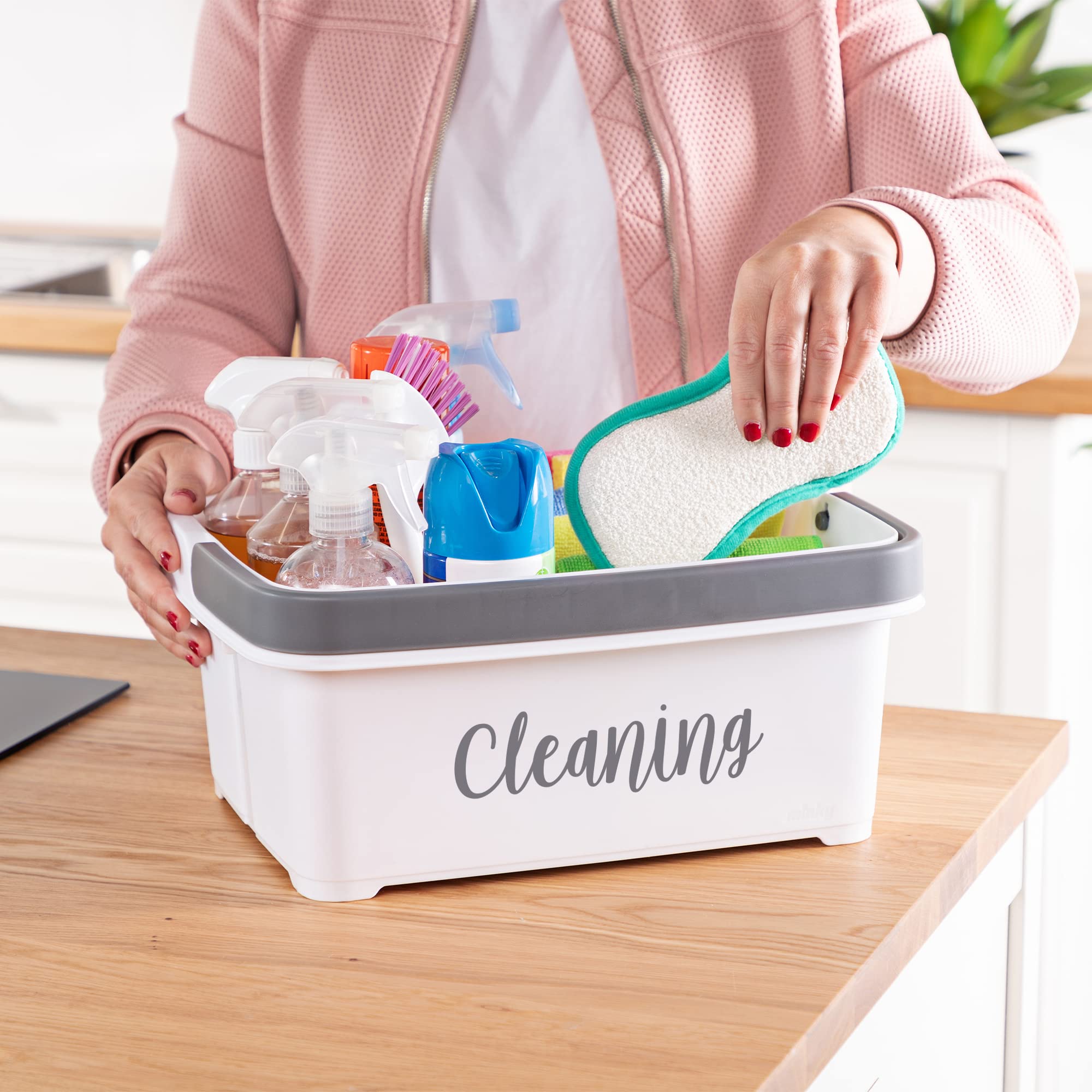 Minky Large Storage Caddy - Easy To Clean Plastic Storage Bin With Foldaway Handle - Perfect For Cleaning, Crafts, Baby Items, D
