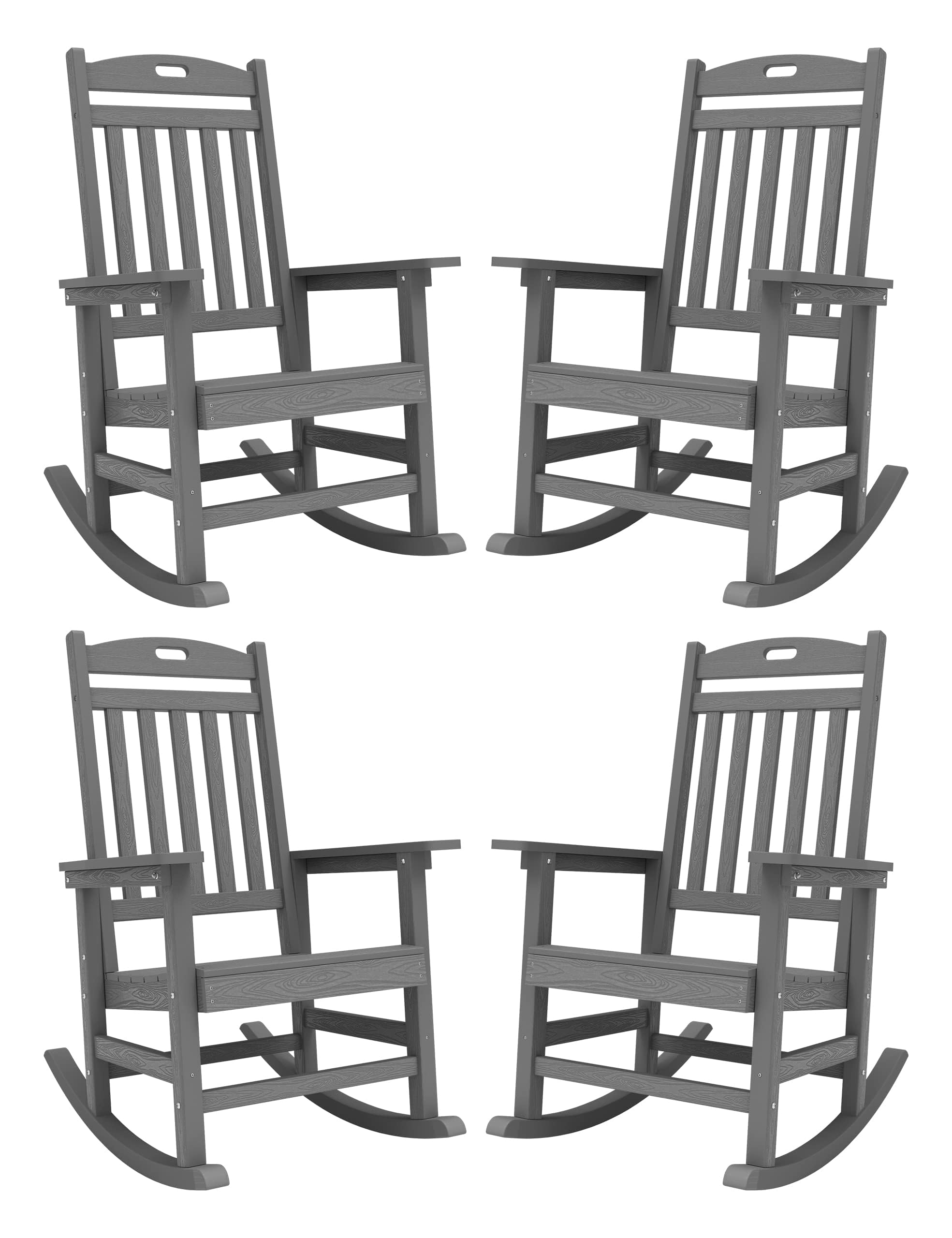 Yefu Outdoor Rocking Chair, Poly Lumber Rocking Chairs For Porch Set Of 4 With High Back, Poly Rocking Chair Look Like Real Wood, Widely Used For Patio, Lawn, Indoor, 380Lb Heavy Duty(Grey)