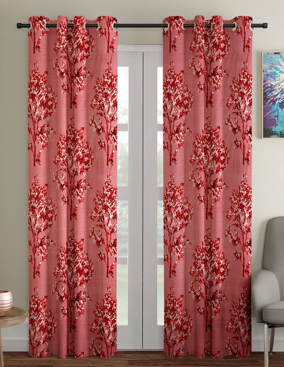 Fashion String Semi Sheer 2 Piece Floral Blossoms Eyelet Polyester Door Curtains  7 Feet, Maroon