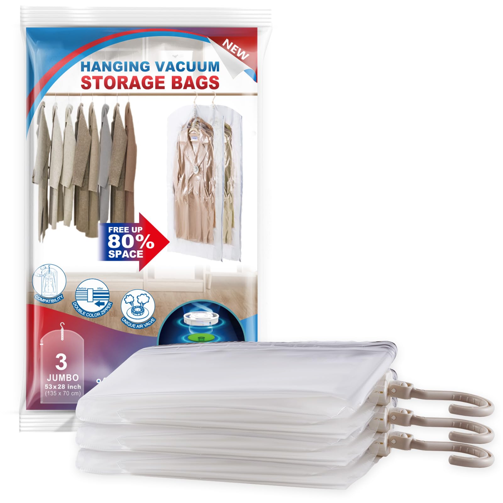 Hanging Vacuum Storage Bags, 3 Pack Large Hanging Vacuum Seal Bags for Clothing, Space Saver for Clothes, Jackets, Closet Organi