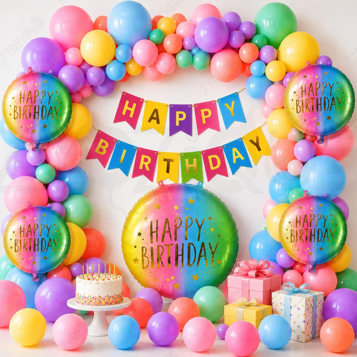 Zyozique Happy Birthdayy Decoration Set 58 Pcs | Birthdayy Paper Banner, Pastel Balloons, Birthday Foil Balloons, Balloon Arch T