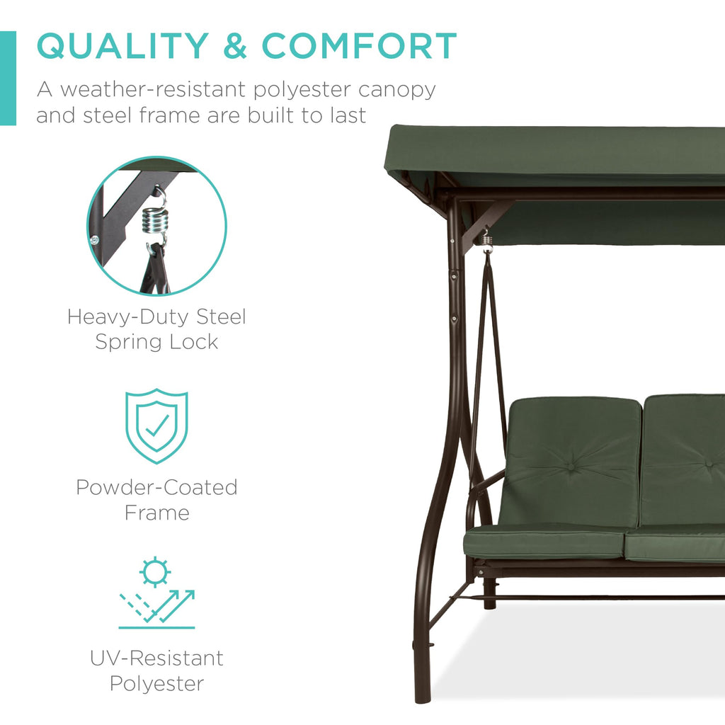 Best Choice Products 3-Seat Outdoor Large Converting Canopy Swing Glider, Patio Hammock Lounge Chair For Porch, Backyard W/Flatbed, Adjustable Shade, Removable Cushions - Midnight Green