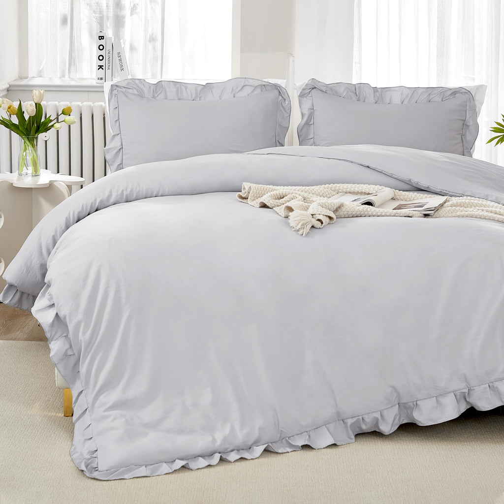 Litanika Light Grey King Size Comforter Set, 3 Pieces Ruffle Farmhouse Aesthetic Bedding Comforter Set, All Season Soft Lightwei