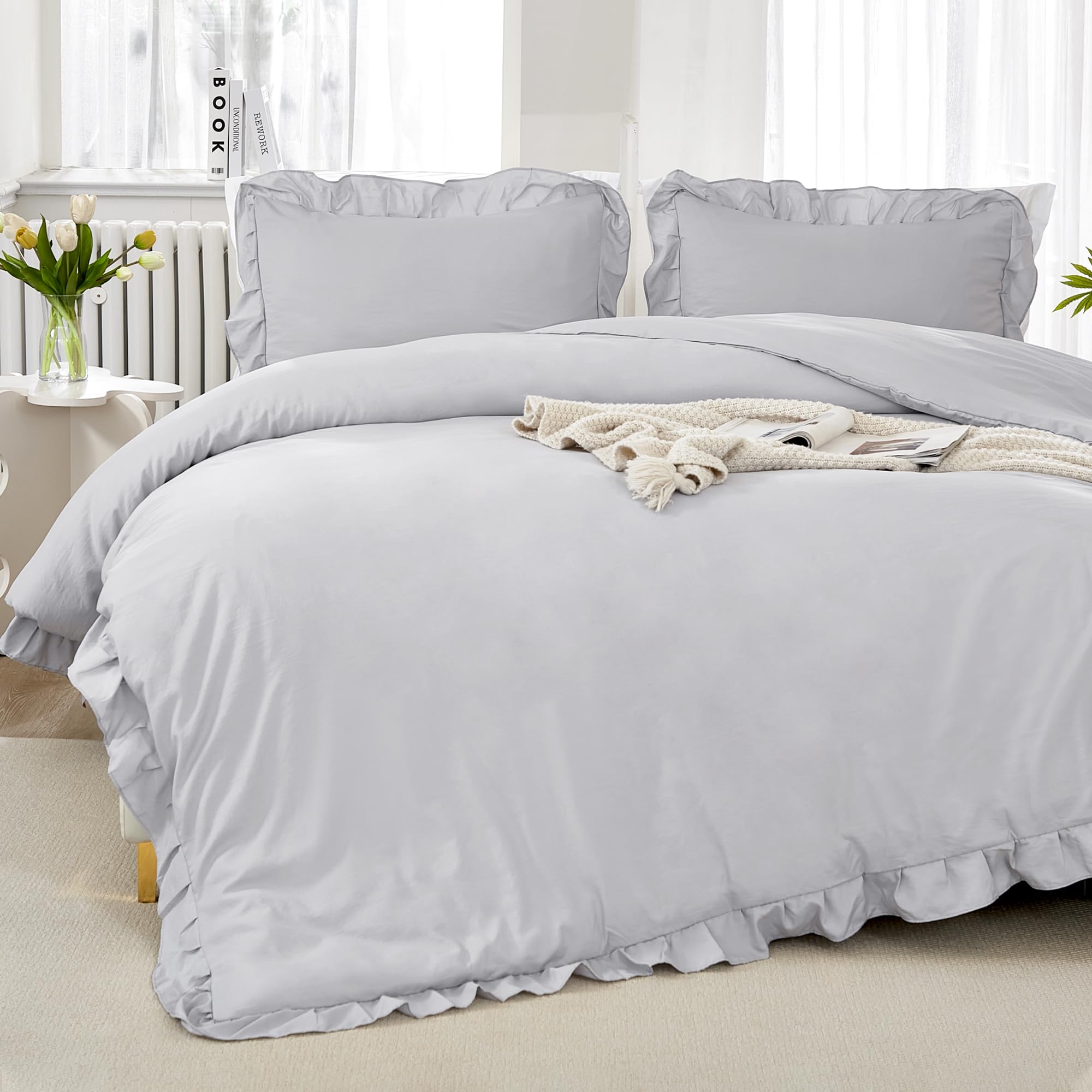 Litanika Light Grey King Size Comforter Set, 3 Pieces Ruffle Farmhouse Aesthetic Bedding Comforter Set, All Season Soft Lightwei