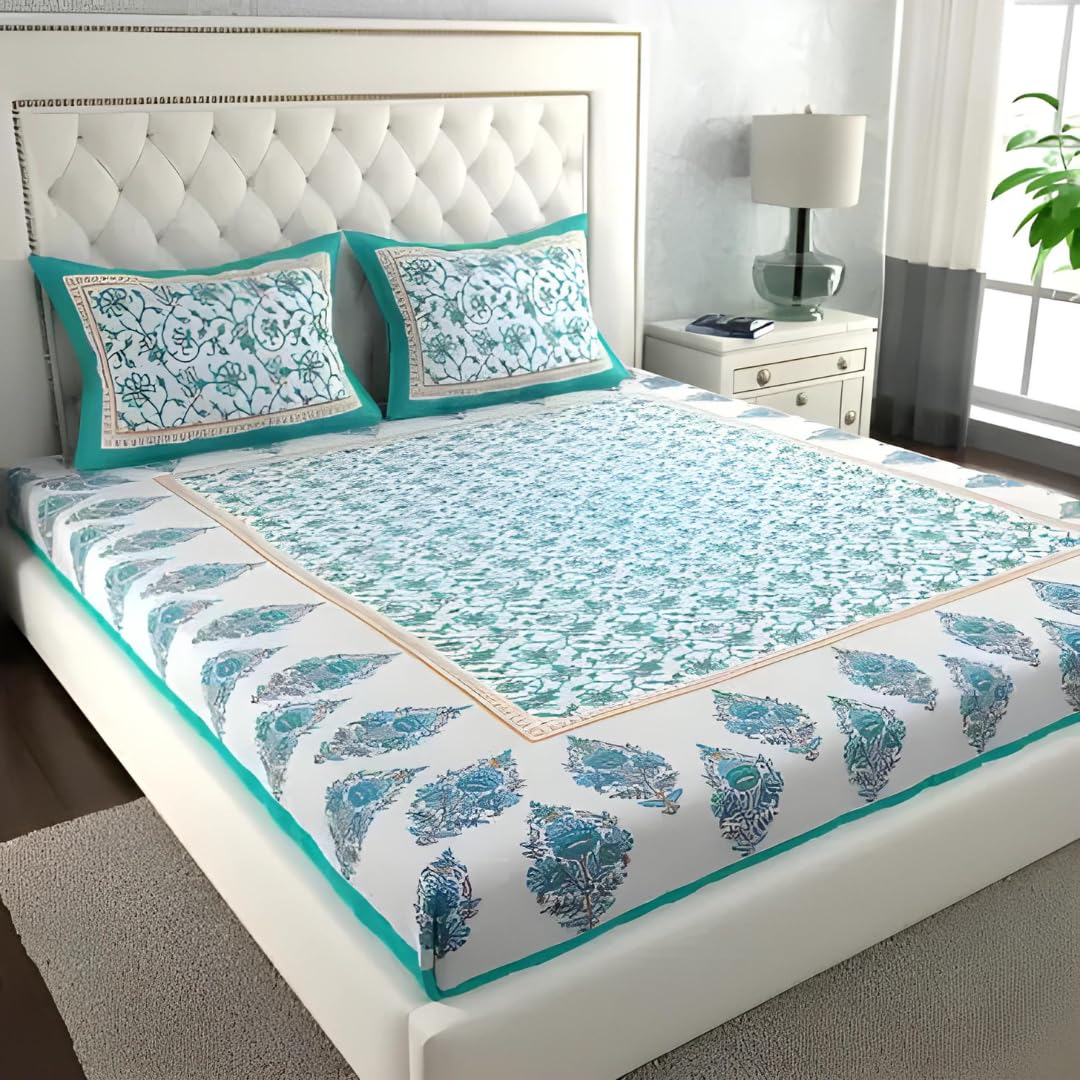 BedZone Pure Bedsheet for Double Bed, 100% Cotton Sheet with 2 Pillow Covers King Size (Bedsheet forCotton)SeaGreen,144 TC