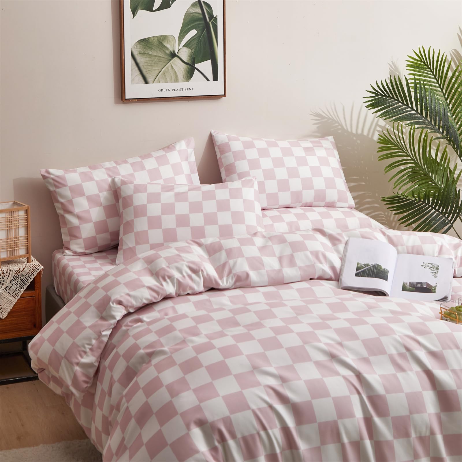 Clothknow Pink White Plaid King Comforter Set 3Pcs Grid Bedding Comforter Sets Checker Comforter King Soft Pink Blush Comforter And 2 X Pillowcases