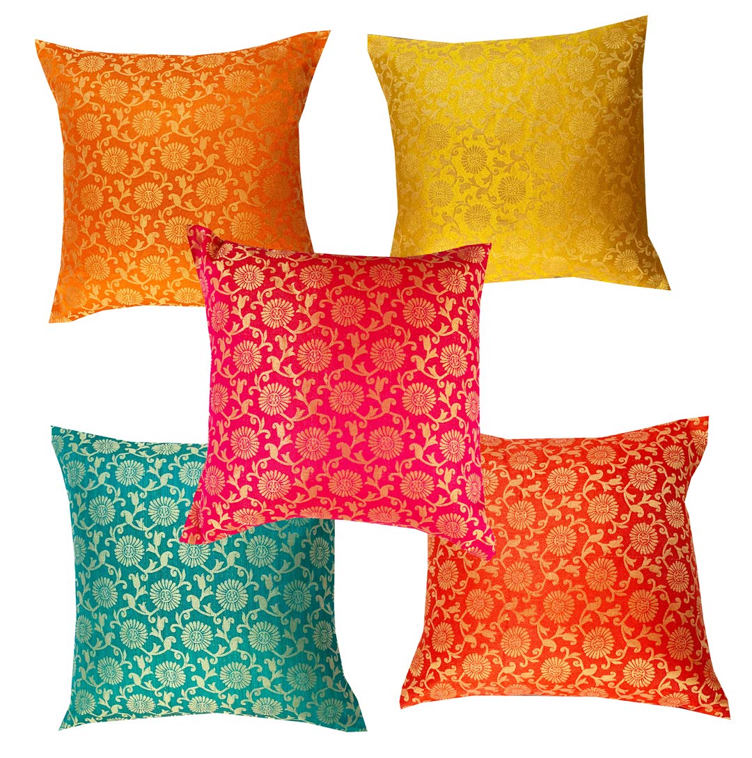 Pink Parrot Flower Embroidered Square Polyester Blend Cushion Cover (Multicolour, 16X16Inch)  Set Of 5