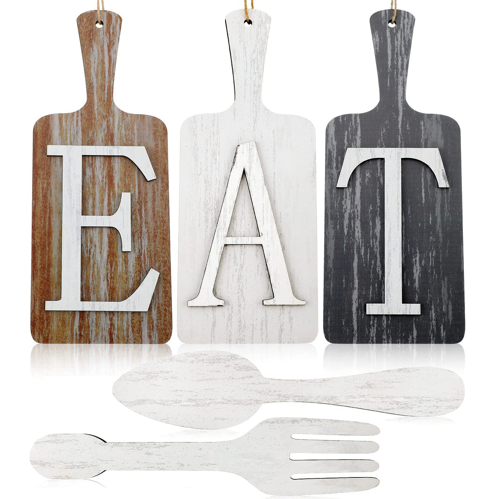 5 Pieces 15 x 6 Inch Cutting Board Eat Sign Set Fork and Spoon Wall Decor Hanging Wood Eat Signs Kitchen Decor Rustic Primitive 