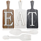 5 Pieces 15 x 6 Inch Cutting Board Eat Sign Set Fork and Spoon Wall Decor Hanging Wood Eat Signs Kitchen Decor Rustic Primitive 