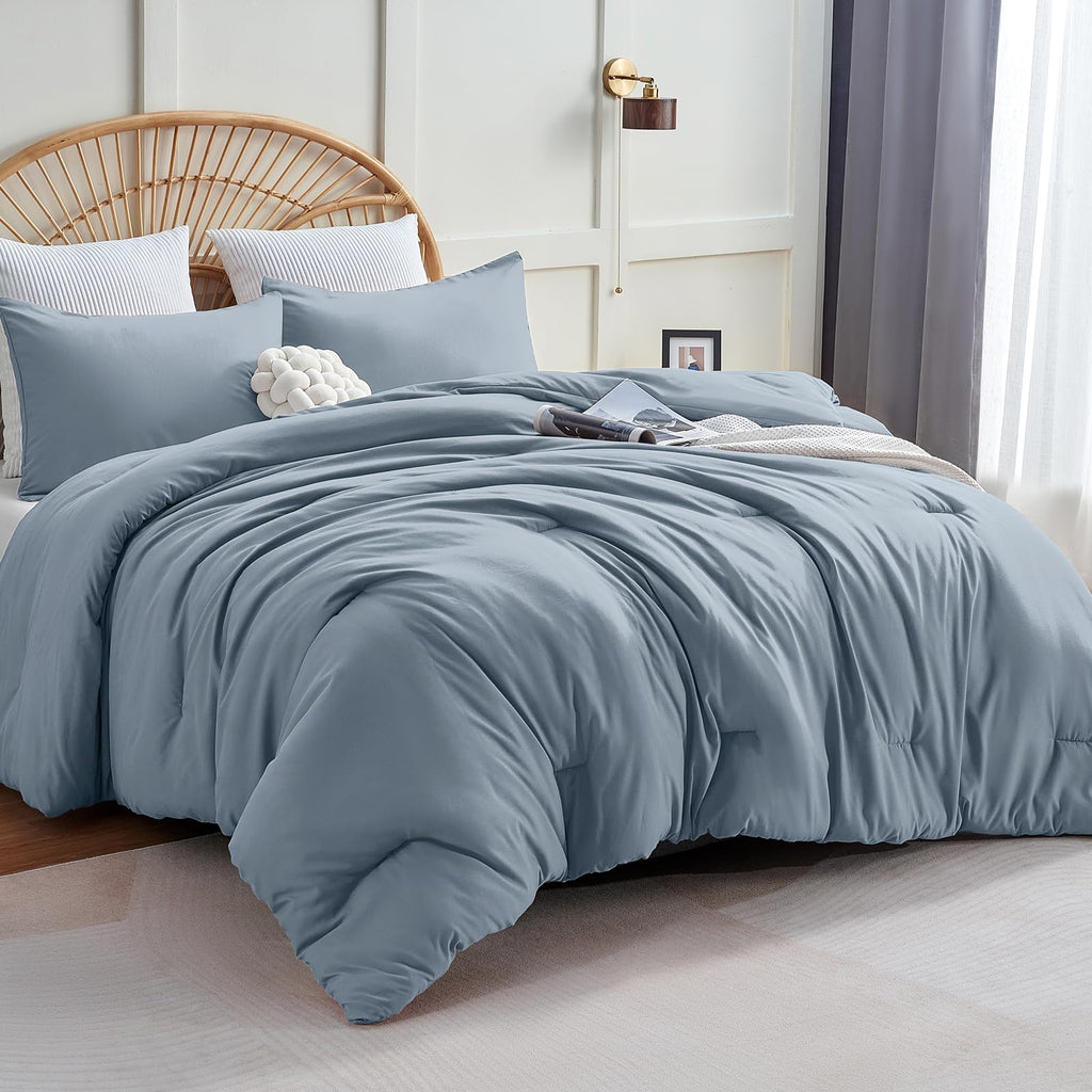 Cozylux Grayish Blue Comforter Set Full Size, 3 Pieces Solid Breathable Quilted Boho Style Bedding Sets, Luxury Fluffy Soft Microfiber Comforter For All Season(1 Comforter & 2 Pillowcases)