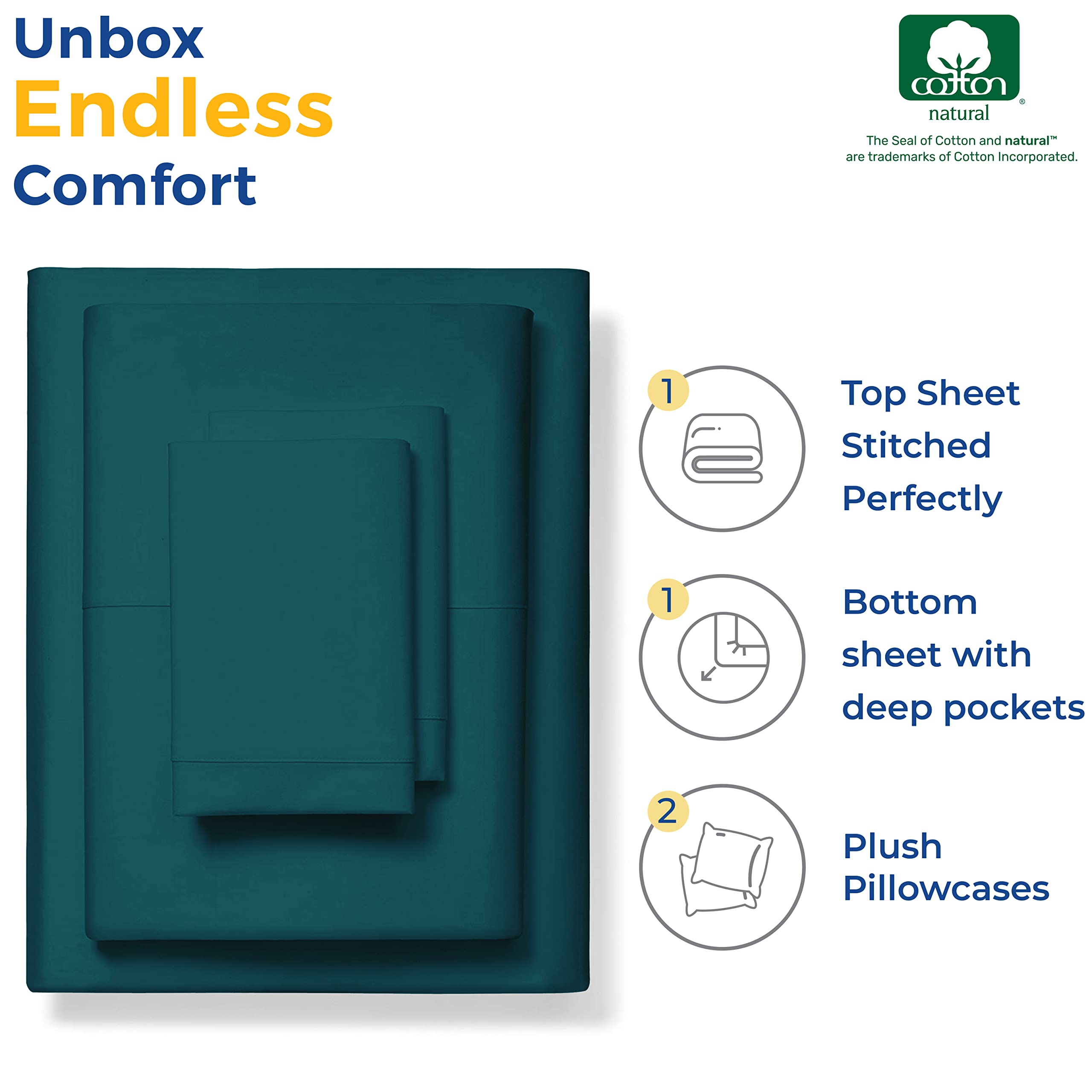 100% Cotton Full Size Sheet Set - 4 Piece Set - Hotel Luxury Bed Sheets - Deep Pockets - Easy Fit - 600 Thread Count Sateen Weave Breathable & Cooling Sheets - Dark Teal Bed Sheets - Fulls Sheets