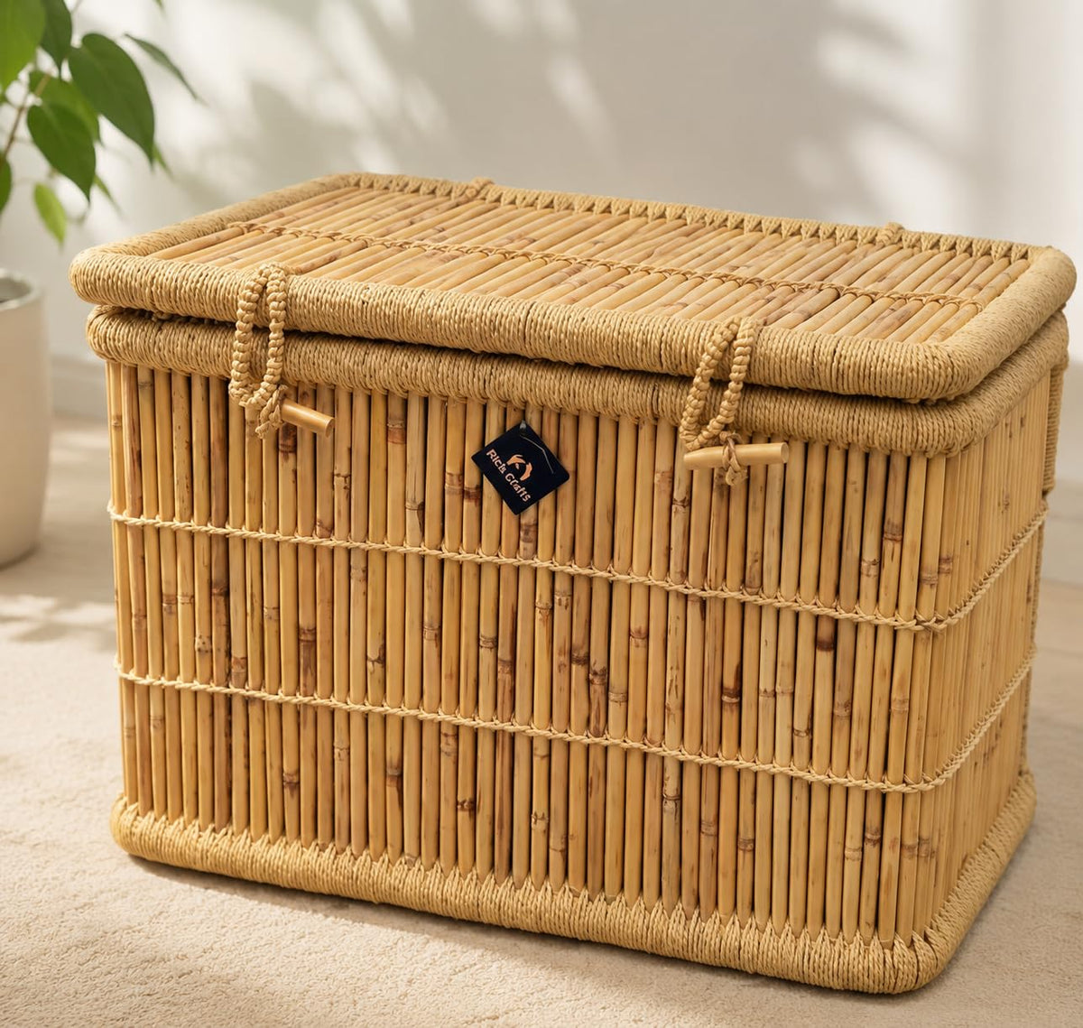 Storage Box with Lid for clothes and toys and books and much more, handmade bamboo and moonjh rope laundry basket and hamper, ec