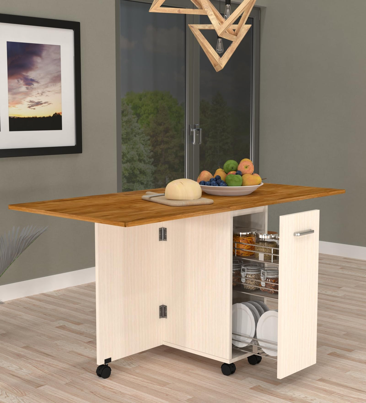 Speciality Panels Folding Dining Table With Storage Cabinet, 6 Seater, Wood Top With Cream Base, 149X74X76 Cm, Rolling Kitchen I