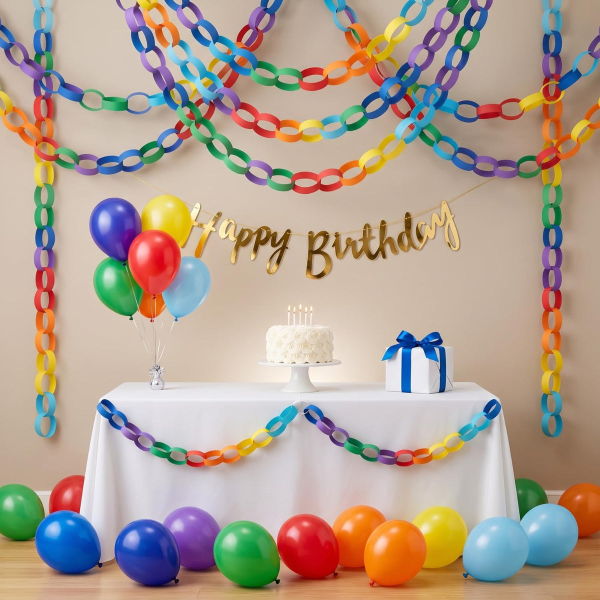 Untumble Happy Birthday Decoration Kit with Banner, Paper Chain Loops & Multicolour Balloons | Rainbow Birthday Party Decoration