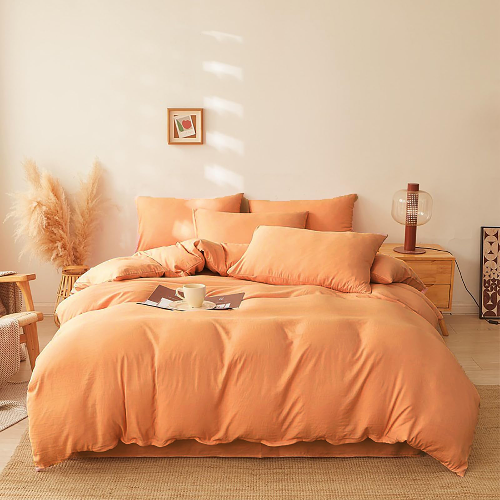 Luxlovery Peach Comforter Set Queen Peachy Pink Bedding Comforter Set Orange Pink Modern Solid Cotton Light Orange Blanket Quilt
