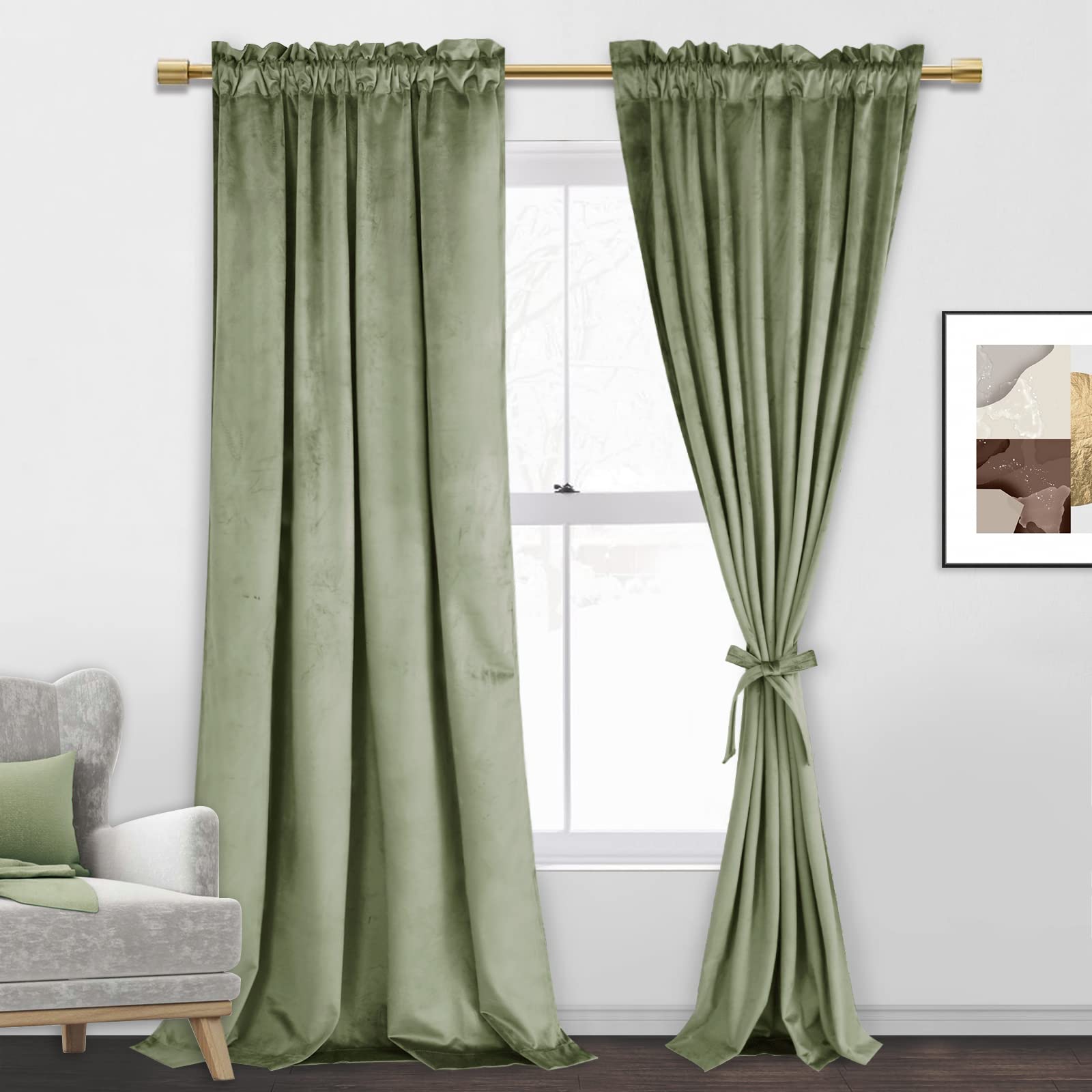 Jiuzhen Sage Green Velvet Curtains 90 Inches For Living Room - Privacy Protect Room Darkening Rod Pocket Thick Velvet Window Dra