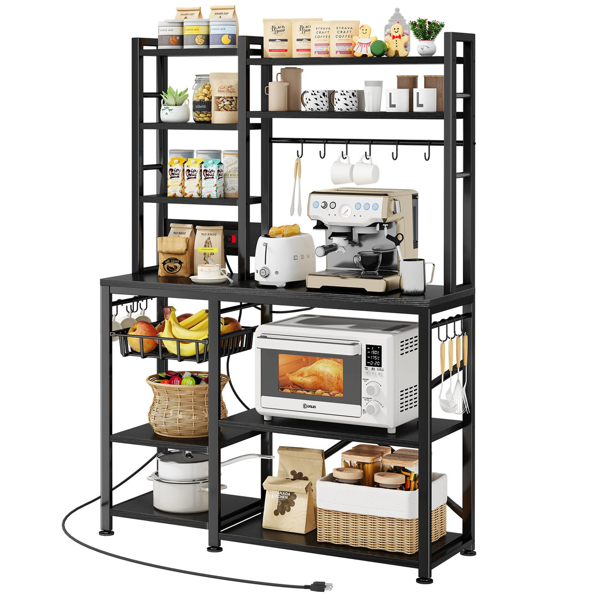 Baker Rack With Power Outlet - Microwave Stand With Storage, Large Coffee Bar Station With 14 Hooks, Metal Kitchen Shelf Rack Fo