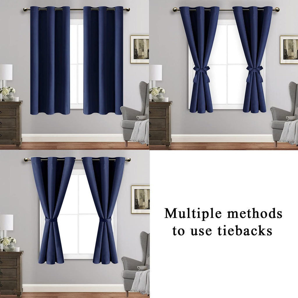 Jiuzhen Blackout Curtains With Tiebacks - Thermal Insulated, Light Blocking And Noise Reducing Grommet Curtain Drapes For Bedroom And Living Room, Set Of 2 Panels, 42 X 45 Inch Length, Navy Blue