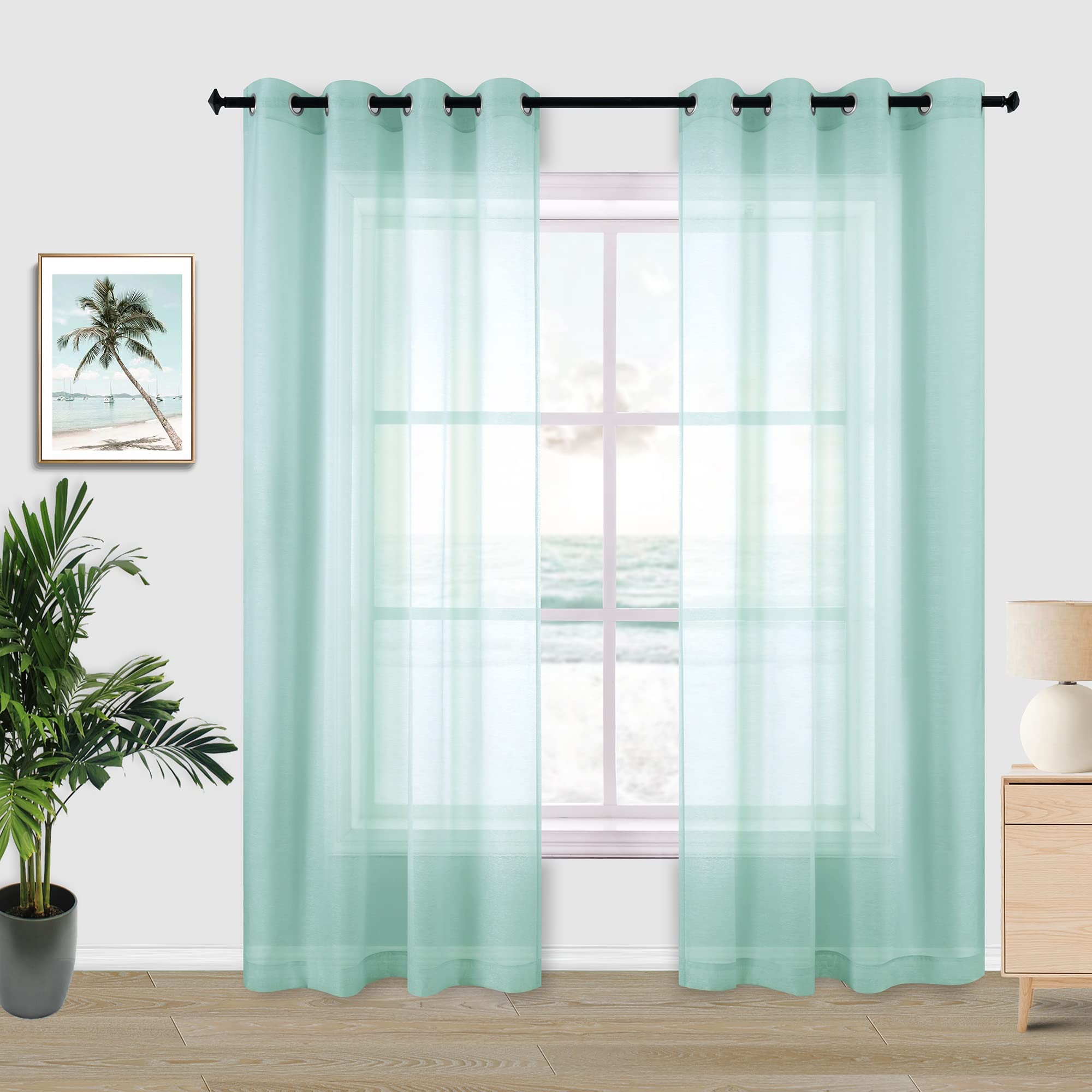 KOUFALL Mint Green Curtains 84 Inches Long for Bedroom,2 Panels Sheer Grommet Summer Ocean Coastal Decor Beach Themed Seafoam Gr