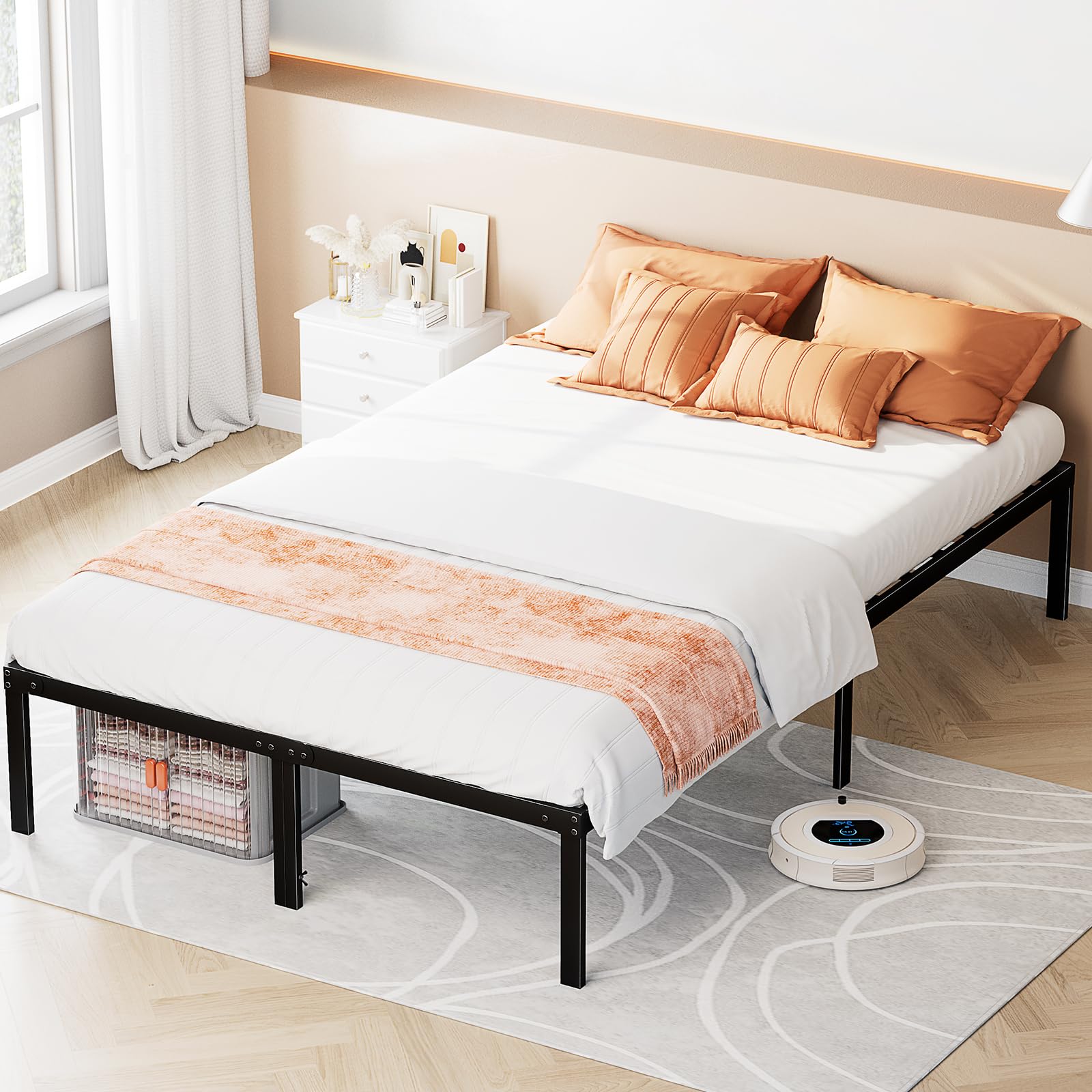 Sweetcrispy Bed Frame King - Heavy Duty No Box Spring Needed Metal Platform Bedroom Frames with Storage Space, 14 Inches High, S