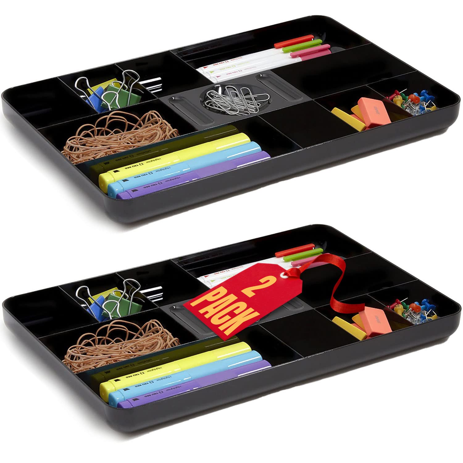 1Intheoffice Desk Drawer Organizer Tray, Desk Drawer Tray, 13-Compartment, Black, 2 Pack