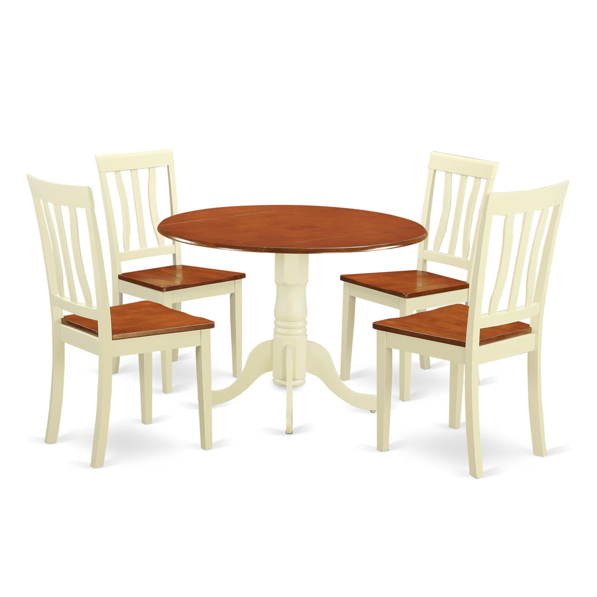 East West Furniture DLAN5-BMK-W 5 Piece Kitchen Table & Chairs Set Includes a Round Dining Room Table with Dropleaf and 4 Solid Wood Seat Chairs, 42x42 Inch, Buttermilk & Cherry