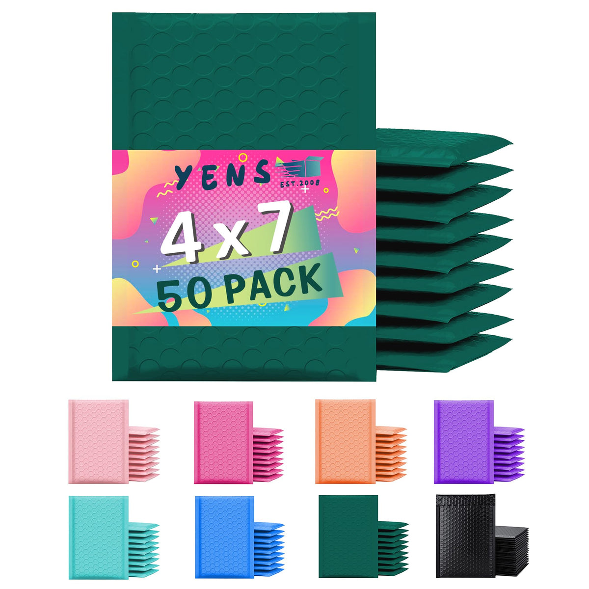 Yens Poly Bubble Mailers 4x8, Green Waterproof Self Seal Adhesive Shipping Bags, Padded Envelopes for Mailing, Model PM000