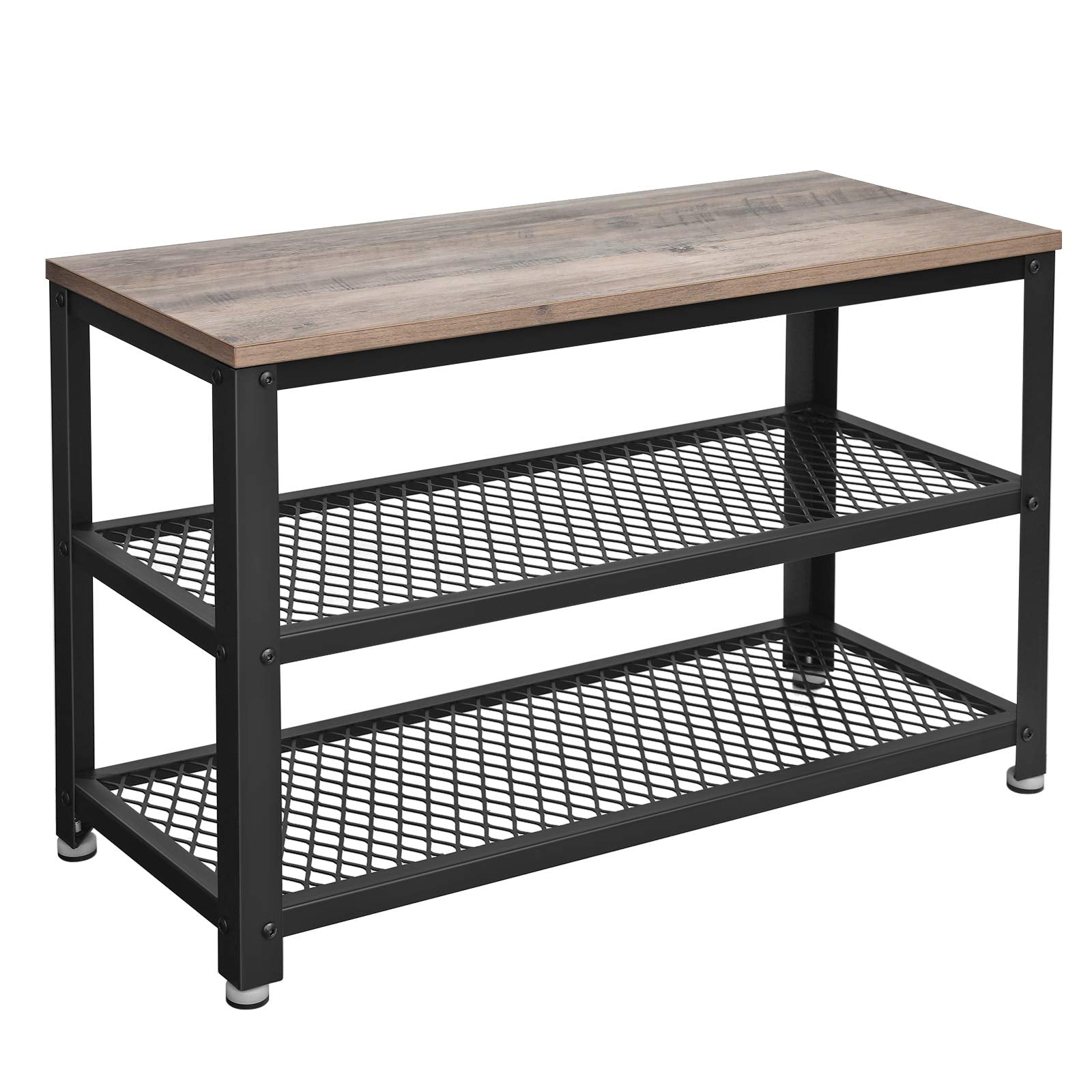 VASAGLE, 3-Tier Rack, 11.8 x 28.7 x 17.7 Inches Shelf Storage Bench with Metal Mesh Shelves and Seat Free Standing Shoe Organize
