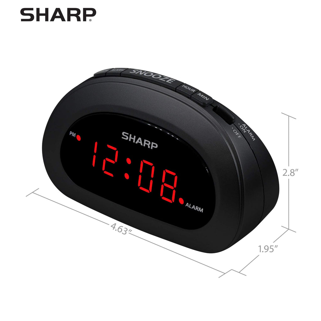 Sharp SPC089A Digital Alarm Clock Black Plastic Compact Bedside Clock with Red LED Display
